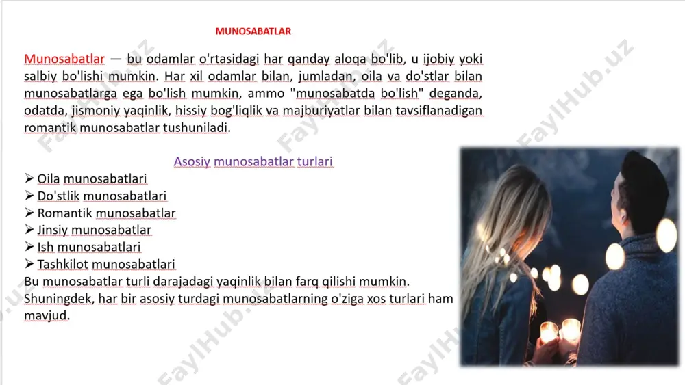 unosabatlarni tugatgisi kelaveradi ko‘ngilsiz bo‘lib qolgan bo‘lsalarda munosabat aslida davom etadi depressiv holatini, asabbuzarlik muammolar ko’payishi yarashish doimiy hukmronligi, bu hislardan o‘z manfaati nuqtai nazaridan foydalanishi holatlari ham uchraydi don juan shostrom degan olimning fikricha, har qanday ishq-muhabbatda ana shunday manipulyativ holatlar mavjud bo‘ladi. romantik his tuyg’ular asosida turmush qurish yoki romantik sevgida munosabatlarning rivojlanishi romantik sevgi – ikki kishi o‘rtasidagi munosabatlarning eng ko‘p tarqalgan turi hisoblanadi. olimlarning fikricha, romantik sevgi – eng kam anglanadigan, odamning biologik ehtiyojlari bilan bog‘liq munosabatlardir. ikkala tomon ham bir-birlaridan o‘zlari ko‘rishni xohlagan sifatlarni qidiradi va ko‘radi ko‘pincha romantik his-tuyg‘ularga asoslangan munosabatlarning umri qisqa bo‘ladi, chunki real xulq-atvor bilan ideal tasavvurlar o‘rtasida ziddiyat, nomutanosiblik paydo bo‘lishi mumkin. ayni shu munosabatlarning salbiy oqibatlari odamni qiynaydi, hayotdan umidsizlikni, boshdan kechirgan hissiyotlari yolg‘onligini anglash unda juda qattiq aziyatlarni keltirib chiqaradi. boshdan kechirilgan azoblar odamni shaxs sifatida takomillashuviga, ichki hissiyotlarning ko‘p qirrali bo‘lishiga olib keladi. juftliklarning barqaror turmush munosabatlarida …