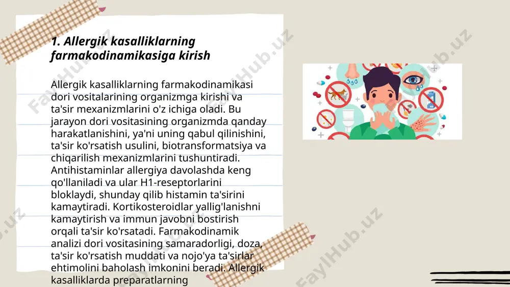 . ... t.me/slaydai_bot leukotrien reseptor antagonistlari astma va allergik rinit kabi kasalliklarda ishlatiladi. ushbu dorilar leukotrienlar deb ataluvchi moddalarni bloklaydi, bu moddalar nafas yo‘llarida yallig‘lanish va siqilishga olib keladi. eng ko‘p ishlatiladigan leukotrien reseptor antagonisti montelukastdir. u kuniga bir marta, kechqurun qabul qilinadi va odatda yaxshi muhosaba qilinadi. montelukast 2 yoshdan katta bolalarda va kattalarda qo‘llanilishi mumkin. bosh og‘rig‘i, qorin og‘rig‘i kabi nojo‘ya ta'sirlar kuzatilishi mumkin, lekin ular odatda yengil shaklda bo‘ladi. ushbu dorilar nafas olishni yaxshilaydi va astma xurujlarini kamaytirishga yordam beradi, biroq quloq-qo‘nshida ehtiyotkorlik bilan qo‘llanilishi kerak. allergik kasalliklar farmakodinamikasi homitov olimjon e'tiboringiz uchun raxmat! image1.png image2.png image3.png image4.jpg image5.png image6.jpg /docprops/thumbnail.jpeg