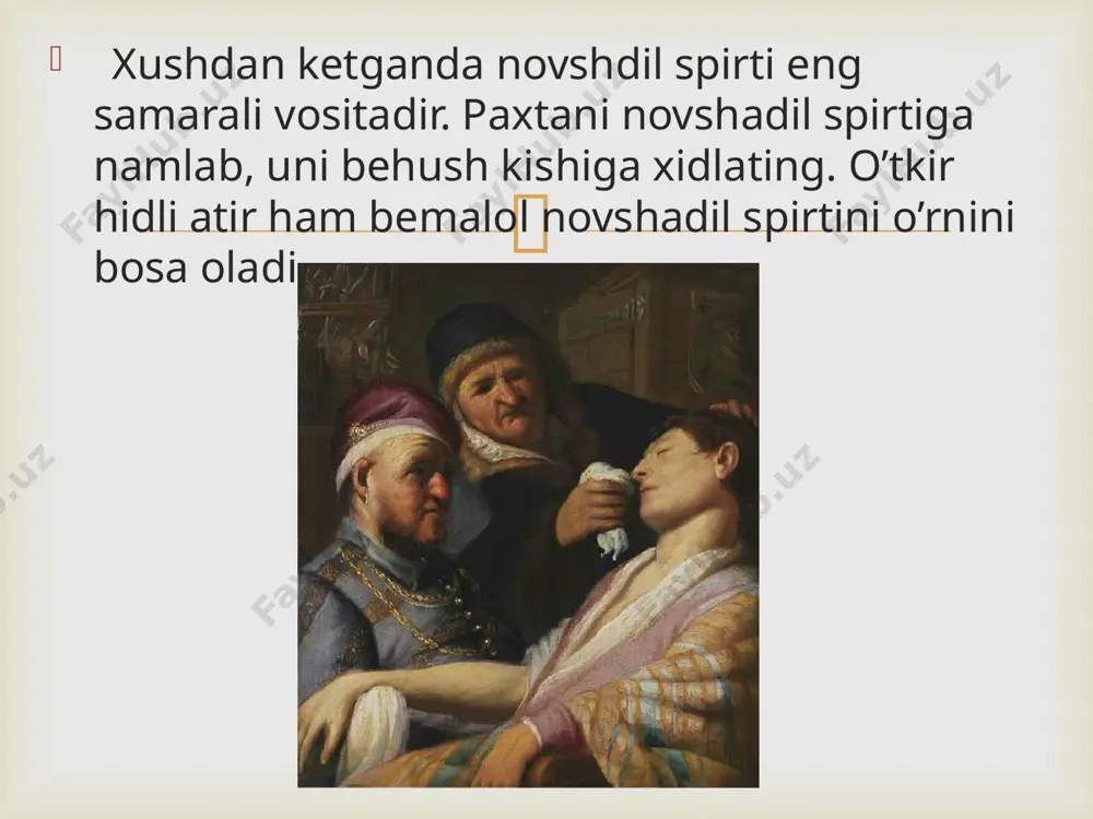 . yog’ jarohat ustida qatlam hosil qiladi va terini yanada qizartiradi. natijada kuygan joy uzoqda bitadi. qabariqlarni teshmang. yaraga infektsiya tushishi mumkin. kuygan joyga kiyim parchasi yopishib qolgan bo’lsa, uni shilib olmang. kiyim parchalarini ohistalik bilan kesib olish lozim.  surunkali qon bosimi oshib turuvchi bemorlar xuruj yaqinlashganligini gardandagi og’riq, ko’ngil aynishi va titrash kabi alomatlarga qarab osonlikcha taxmin qilishadi. qon bosimingiz ko’tarilsa birinchi o’tiring yoki yonboshlang. doimiy qabul qiladigan dorini tilingiz ostiga tashlang. odatda qon bosimi tushiruvchi dorilar 30-40 daqiqadan keyin o’z ta’sirini ko’rsatadi. qon bosimingiz doimiy tarzda oshib tursa, dori qutingizda doim kerakli dorilarning bo’lishiga e’tibor bering.  qon bosimi asosan kishining ruhiy kayfiyatiga bog’liq. shu sababli bemorga valeriana nastoykasi, yalpiz, valokordin kabi tinchlantiruvchi dorilar ham berish zarur. shifokorning tavsiyasiga ko’ra, qon bosimi oshganda tog’orachaga issiq suv to’ldirib, oyoqlarni suvga solib o’tirish lozim. bunda qon bosimi 10-15 mm simob ustunga tushadi. qon bosimi tushganidan so’ng, albatta shifokorga murojat …