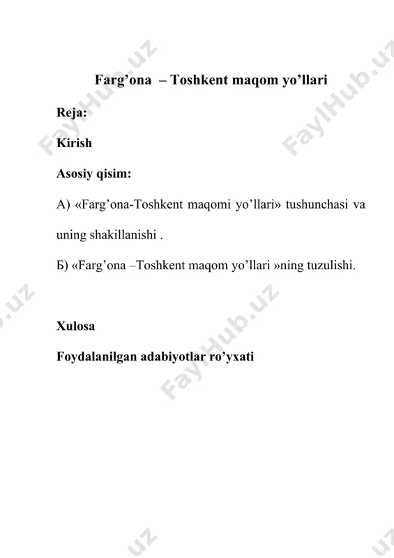 alq merosimizni ikki yirik qatlam: og’zaki an’anadagi professional musiqa va folkyor musiqasi tashkil etadi. maqomchilik san’ati esa ogzaki an’anadagi professional musiqa qatlamiga tegishlidir. «farg’ona-toshkent maqom yo’llari» maqomchilik san’atining ma’lum bir qismi xisoblanadi. «farg’ona –toshkent maqomi yo’llari» tushunchasi sifatida «farg’ona –toshkent maqom yo’llari» deganda, toshkent va farg’ona vodiysining qo’qon,namangan, andijon, marg’ilon, quva va boshqa hududlarning musiqiy hayoti davomida yuzaga kelgan nomga ega bo’lsada, lekin mustaqil asarlar-alohida-alohida cholgu va ashula yo’llaridan iboratdir. masalan:bayot i, bayot ii, bayot iii, bayot iv, bayot v yoki chorgoh i, chorgoh ii, chorgoh iii, chorgoh iv, chorgoh v va х.к. aynan ushbu jihatdan ularni qismlari bir-biriga chambarchas bog’liq bo’lgan shashmaqom va xorazm maqomlari turkumlaridan ajralib turadi. «farg’ona –тoshkent maqom yo’llari»ning shakillanish haqida « farg’ona –тoshkent maqom yo’llari »ga kuy va ashulalarning har tomonlama puxta ishlanganligi,shuningdek ularning ijrochi va tinglovchilar ongida chuqur o’rnashib qolganligini mazkur maqom namunalarining ildizlari uzoq otmishga borib taqalishidan dalolat beradi. nima uchun ular shashmaqomga …