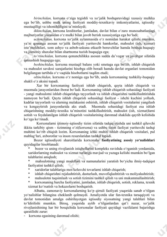 a, neft’ va gaz sanoati, qurilish kompleksi, oziq-ovqat, engil sanoat, savdo va hokazolar, ishlab chiqarish miqyosi va xodimlar soniga ko‘ra, yirik, mikrofirma va kichik, faoliyat yuritish muddatiga ko‘ra, uzluksiz, mavsumiy va uzlukli korxonalarga bo‘linadi. biroq ushbu belgilardan qat’i nazar, deyarli har bir korxona nizom asosida faoliyat yuritadi. nizomda korxonaning nomi, manzilgohi, yuqori turuvchi organi va bu organning nomi, nizom jamg‘armasi, bank muassasalaridagi rekvizitlari, korxona rahbariyatining lavozimlari, rahbar shaxslarning majburiyatlari, tuzilmaviy bo‘linmalar ro‘yxati, hisobot tartibi va hokazolar ko‘rsatilgan bo‘ladi. agar nizomda korxonaning tashkiliy-huquqiy funksiyalari belgilangan bo‘lsa, uning ishlab chiqarish va iqtisodiy faoliyati tarkibiga asosiy va aylanma fontlar, pul mablag‘lari va boshqa aktivlar kiruvchi nizom jamg‘armasiga tayanadi. nizom jamg‘armasi qonunga asosan korxonani tashkil qilish jarayonida muassislar - davlat, huquqiy va jismoniy shaxslar tomonidan shakllantiriladi. korxona rivojlanishi va ishlab chiqarishning kengayib borishi, daromad hajmi va boshqa moliyaviy tushumlarning ortishi natijasida nizom jamg‘armasi ko‘paytirilishi mumkin. umuman olganda, nizom jamg‘armasi korxonaning iqtisodiy barqarorligi va moliyaviy …
