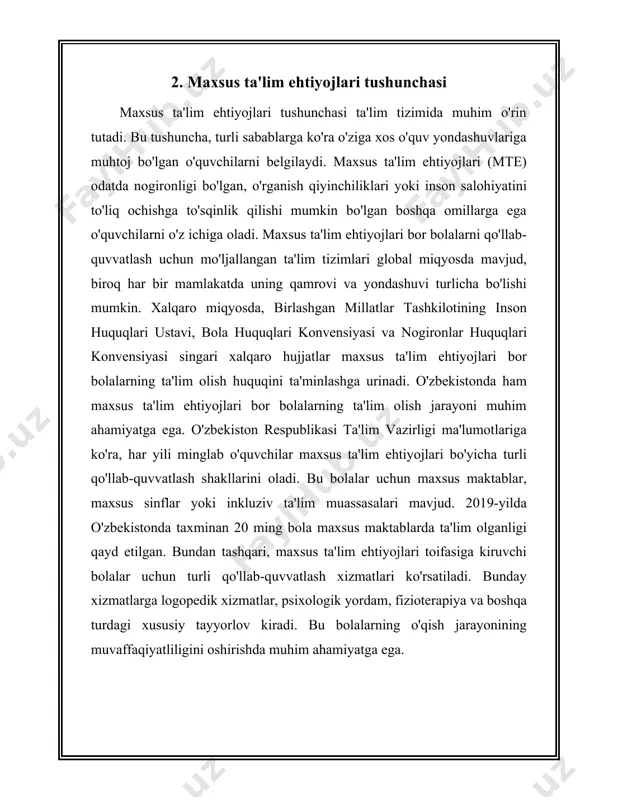 n shuning uchundirki, inklyuziv ta'lim bu muammo yechimida muhim ahamiyat kasb etadi. global ma'lumotlar shuni ko'rsatadiki, inklyuziv ta'lim tizimlari tarkibida bo'lgan o'quvchilar o'zini bilimliroq va jamiyatning faol a'zolari sifatida his qiladilar. masalan, yunisef tomonidan taqdim etilgan statistikaga ko'ra, inklyuziv ta'limda qatnashgan bolalarning 69% ga yaqin qismi maktabni muvaffaqiyatli tamomlaydi. bu ko'rsatkich odatiy ta'lim tizimi bilan ta'minlanmagan o'quvchilarga nisbatan ancha yuqori. inklyuziv ta'lim tizimlarida ko'pgina davlatlar muvaffaqiyatli amaliyotlarni amalga oshirishgan. masalan, finlyandiya va norvegiya kabi davlatlar inklyuziv ta'lim sohasida katta yutuqlarga erishishdi. ushbu davlatlarda bolalarning qariyb 98% maktabgacha ta'limdan boshlab inklyuziv ta'lim tizimi orqali ta'lim olishadi. bu mamlakatlarda nogironligi bor bolalar bilan bir qatorda barcha o'quvchilarga moslashtirilgan o'quv dasturlari ishlab chiqilgan va bu orqali barcha o'quvchilarning ta'lim olish imkoniyatlari yaxshilangan. o'zbekiston sharoitida ham inklyuziv ta'lim muhim masalalardan biri hisoblanadi. 2020 yilda o'zbekiston hukumati tomonidan "2020-2025 yillarda ta'lim sohasida inklyuziv ta'limni rivojlantirish" dasturi amalga kiritilgan bo'lib, unga asosan maktab va maktabgacha ta'lim …