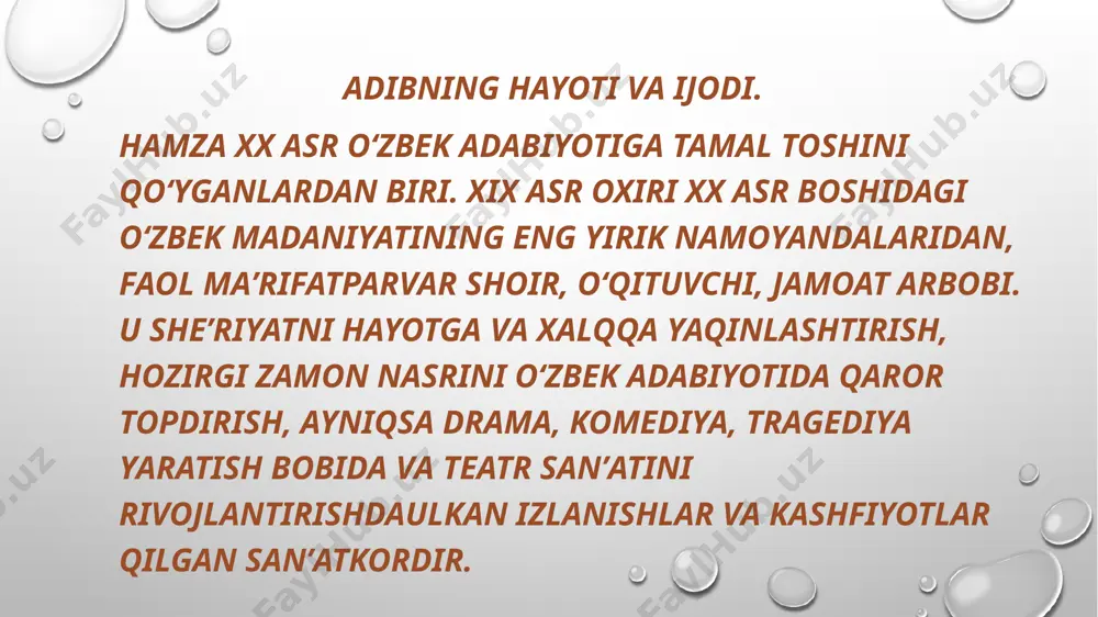 oʻzgarishlar bilan tanishdi. 1915–1917-yillar davomidahamza qator asarlar yaratib, undaxalqhayoti, uning orzu-intilishlarini ifodaladi, oʻzining insonparvarlik gʻoyalarini xalq tili bilan sodda va ravon uslubda bayon etdi, ommani ilm-maʼrifatgachaqirdi, bidʼatni qoraladi. uning “yangi saodat” povesti, “gul” turkumidagi toʻplamlari (“milliy ashulalar uchun milliy sheʼrlar majmuasi”) shu davrlarda yozilgandir. u maʼrifatparvarlik gʻoyalarini ommalashtirishda teatrdan ham unumli foydalandi.1915–1916-yillarda “feruzaxonim”, “ilm hidoyati”, “loshman fojiasi” kabi qator drama va komediyalar yozib, baʼzilarini oʻzi tuzgan “havaskor truppa”sida sahnalashtirdi. adibning jadidchilik harakatlaridagi o’rni. hamzaning 1917 yilga qadar boʻlgan faoliyati va ijodi oʻz davri madaniy-maʼnaviy hayoti, maʼrifatchilik va jadidchilik taʼsirida shakllanib, uning faol ishtirokchisi boʻlganligi, mustamlaka zulmiga qarshi xalq orasida maʼrifat tarqatish yoʻlida tinimsiz kurash olib borganligini koʻrsatadi. u jadidlarga ergashdi va jadidchilikning ilgʻor vakillaridan biriga aylandi. jadidlar otasi ismoil gʻaspirali vafot etganda hamza marsiya yozib, “dod qil davri falaqdin, botdi xurshidi jahon”, deb yozdi. munavvar qorini “muhtaram ustozi oliy”, “maʼnaviy ota”, deb atadi. hamza bir maqolasida bunday deb yozdi: “agar …