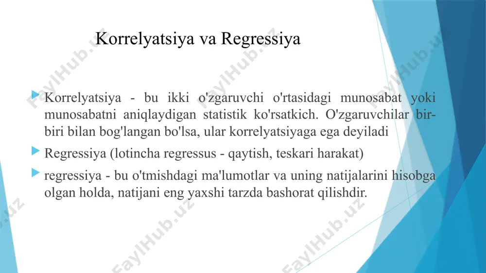 ng asosiy bosqichlaridan biridir. bu bosqichda maʼlumotlar toʻplamini tanib olish, uning xususiyatlarini ajratib olish, maʼlumotlar tuzilishini tahlil qilish uchun ularni qanday tayyorlash kerakligi toʻgʻrisida tahlillar olib boriladi. maʼlumotlar ustida tahlil olib borish va tushunish uchun ularning turlari toʻgʻrisida ham yetarlicha maʼlumotga ega boʻlishimiz zarur. maʼlumotlar toʻplamining quyidagi turlari mavjud: yozib olingan maʼlumotlar - maʼlumotlar matritsasi, hujjat maʼlumotlari va tranzaksiya maʼlumotlariga boʻlinadi. maʼlumotlarni tushinish (data understanding) maʼlumotlar matritsasi. agar maʼlumotlar obyektlari bir xil raqamli atributlar toʻplamiga ega boʻlsa, u holda maʼlumotlar obyektlarini koʻp oʻlchovli fazodagi nuqtalar sifatida koʻrish mumkin, har bir oʻlchov boshqa atributni ifodalaydi. bunday maʼlumotlar toʻplami m dan n gacha boʻlgan m qatorli, har bir obyekt uchun bittadan va har bir atribut uchun bittadan n ta ustunli matritsa bilan ifodalanishi mumkin. hujjat maʼlumotlari. har bir hujjat “termin” vektoriga aylanadi. har bir atama vektorning komponenti (atributi) hisoblanadi. har bir komponentning qiymati tegishli atamaning hujjatda necha marta paydo boʻlishidir. maʼlumotlarni tushinish …
