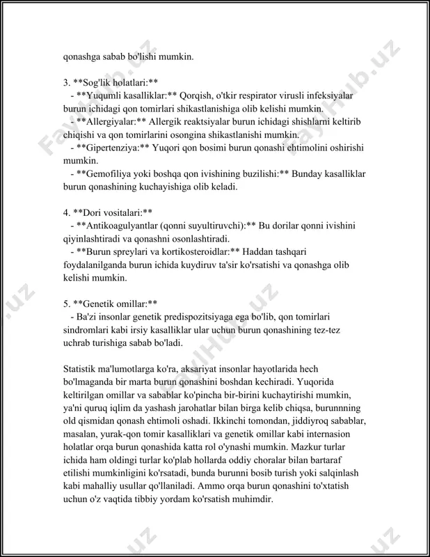 , yallig'lanishning chuqurlashishi va yiring to'planishi bilan izohlanadi. - og'riqning intensivligi chipqonning o'lchami va tarqalish darajasiga bog'liq bo'lishi mumkin. yiring bo'shatilganda og'riq kamayishi mumkin. 3. **shish:** - burunning va yuzning shishi kengayib ketishi mumkin. ayrim hollarda, bu limfa tugunlarining kattalashishi bilan birga kuzatiladi. - 4-7 kun ichida chipqonning ustida yiring o'choqlari paydo bo'lishi mumkin. 4. **yiringli o'choqlar:** - chipqon yuzasida pushtirang yoki yashil tusli yiringli o'choqlar paydo bo'lishi mumkin. bu bosqichda to'qima nekrozi yuz berishi mumkin. 5. **umumiy simptomlar:** - bazi hollarda, burun chipqonlari tana haroratining ko'tarilishi, umumiy holsizlik, bosh og'rig'i va limfadenit kabi umumiy simptomlar bilan kechishi mumkin. - tana harorati 37.5-39°c oralig'ida bo'lishi mumkin. **tashxis qo'yish:** 1. **klinik baholash:** - tibbiy mutaxassis tashxisni ko'zdan kechirish va palpatsiya yordamida qo'yishi mumkin. burun chipqonlari ko'z bilan ko'rinadigan qizarish va yallig'lanish joyida seziladigan shish bilan tavsiflanadi. 2. **bakteriologik tahlil:** - agar kerak bo'lsa, mutaxassis yiringdan namuna olib, laboratoriyadan o'tkazishi mumkin. bu …