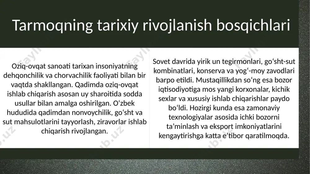 amonaviy texnologiyalar uchun investitsiyalarni ko‘paytirish — avtomatlashtirish, monitoring tizimlari, qadoqlash texnologiyalari orqali ishlab chiqarish samaradorligi ortadi. sovutgichli infratuzilmani kengaytirish — hozirda mavjud sovutish ombori salohiyati umumiy hosildorlikning atigi 7 % ini tashkil qiladi; rejaga ko‘ra, 2025-yilgacha bu ko‘rsatkich ikki karra oshirilishi rejalashtirilgan. eksport va raqobatbardoshlikni oshirish — mahalliy mahsulotlar sifatini xalqaro standartlarga mos ravishda sertifikatlashtirish orqali bozor ulushini kengaytirish mumkin. xomashyo bilan bevosita hamkorlikni kuchaytirish — qishloq xo‘jaligi bilan sanoat o‘rtasida hamkorlik shartnomalari orqali xomashyo yetkazib berish tizimini barqaror qilish. men ushbu mustaqil ishni tayyorlar ekanman, oziq-ovqat sanoati mamlakatimiz iqtisodiy tizimida naqadar muhim o‘rin tutishini chuqur angladim. bu tarmoq nafaqat aholining oziq-ovqat mahsulotlariga bo‘lgan ehtiyojini qondiradi, balki minglab ish o‘rinlarini yaratadi va eksport salohiyatini oshiradi. men o‘rgangan ma’lumotlarga ko‘ra, so‘nggi yillarda o‘zbekistonda oziq-ovqat sanoati jadal rivojlanmoqda, ishlab chiqarish hajmi muntazam ortib bormoqda. statistik tahlillar shuni ko‘rsatadiki, qayta ishlash darajasi hali to‘liq imkoniyatlaridan foydalanmayapti va bu yo‘nalishda katta istiqbollar mavjud. men …