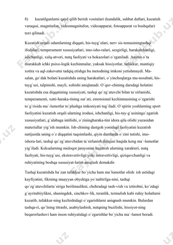 asida o`zini o`zi kuzatishning inson ruhiyati-ni o`rganishdagi rolini ifodalovchi ilmiy-amaliy materiallar to`plangan. introspeksiya yo`nalishining yirik namoyandalari o`zla-rini o`zlari kuzatganlar va to`plagan materiallarini tahlil qilib, umumiy psixologik qonuniyatlarni yaratishga harakat qilganlar. lekin inson turli vaziyatlarda o`zini bir xil boshqara olmaydi va shuning uchun bu metodning ilmiy ahamiyati unchalik katta emas. shunday qilib, kuzatish metodining qulay va samarali jihatlari bilan birga zaif gomonlari ham mavjud. shu sababli insonning mu-rakkab psixikasi boshqa metodlardan foydalanib tadqiq qilinadi. suhbat metodi. bu metod bilan inson psixikasini o`rganishda suhbatning maqsadi va vazifasi belgilanadi, uning obyekti va subyek-ti tanlanadi, mavzusi, o`tkaziladigan vaqti aniqlanadi, yakka shaxs-lar, guruh va jamoa bilan o`tkazish rejalashtiriladi, o`rganilayotgan narsa bilan uzviy bog`liq savol-javob tartibi tayyorlanadi. suhbat-ning bosh maqsadi muayyan bir vaziyat yoki muammoni hal qilish ja-rayonida inson psixikasidagi o`zgarishlarni o`rganishdir. suhbat or-qali odamlarning tafakkuri, akd-zakovati, xulq-atvori, qiziqishi, tiyrakligi, bilim saviyasi, e`tiqodi, dunyoqarashi, irodasi to`g`ri-sida ma`lumotlar olinadi. suhbat metodining ijobiy jihatlari bilan birga ayrim zaif …