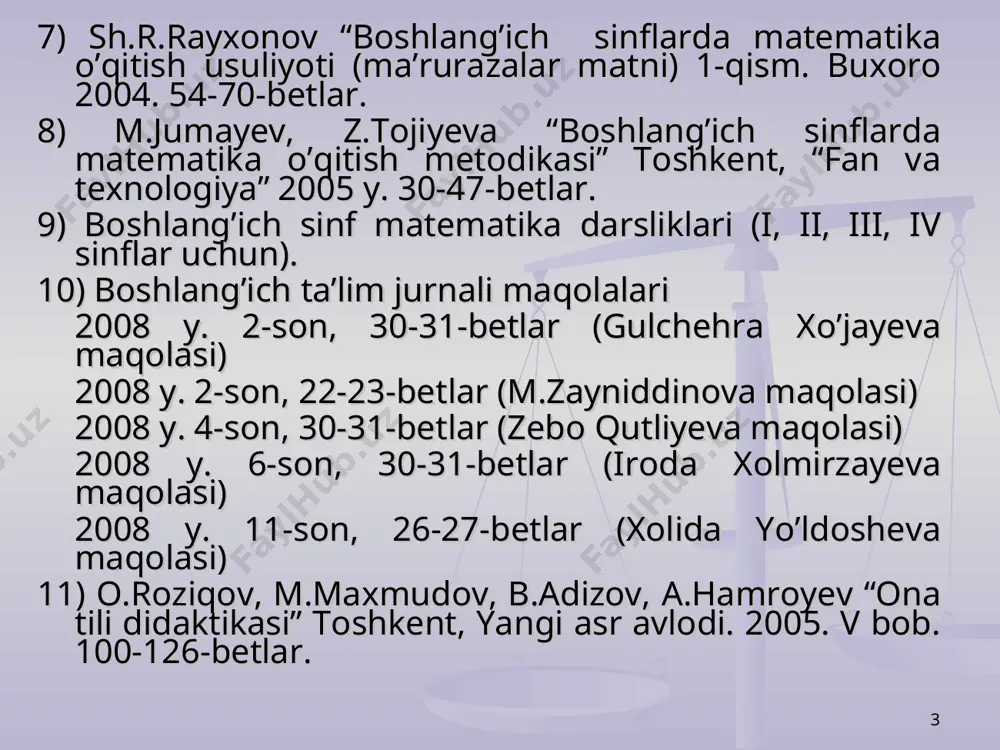 hosil qilinadi, o’quvchilarda dunyoqarash va mustaqil ishlash elementlari shakllanadi, ular hayotga va mehnatga tayyorlanadi. * o’qitish metodlari o’qituvchi va o’quvchilarning birgalikdagi faoliyatlari usuli bo’lib, bu faoliyat yordamida yangi bilimlar, malakalar va ko’nikmalarga erishiladi, o’quvchilarning dunyoqarashi shakllanadi, ularning qobiliyatlari rivojlanadi. * o’qitish maqsadi o’qitishni tashkil etish shakllari o’qitish mazmuni o’qitish metodlari o’qitish vositalari * s.i.perovskiy, ye.v.golant o’qitish metodlarini tasnif etishda ta’lim manbalarini hisobga olishgan. ular o’qituvchi nutqi, ko’rgazma qurol, darslik hamda qo’shimcha adabiyotlarni ta’lim manbalari sifatida qarab, ta’lim metodlarini 3 guruhga ajratishgan: 1) bilimlarni og’zaki bayon etish 2) ko’rgazmali 3) amaliy metodlar * m.a.danilov, b.r.yesipov o’zlarining qator ishlarida ta’lim jarayonining turli zvenolarida bajariladigan ishlar mazmunidan kelib chiqib, ta’lim metodlarini quyidagi guruhlarga ajratishgan. 1) bilimlarni o’rganishga oid metodlar 2) malaka va ko’nikmalarni shakllantirishga oid metodlar 3) bilim va malakalarni tadbiq etish metodlari 4) ijodiy ishlash metodlari 5) bilim va malakani mustahkamlash va tekshirish metodlari * m.n.skatkin, i.ya.lerner ta’lim metodlarini tasnif etishda o’quvchilar …