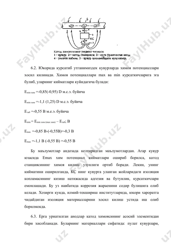 .4. агар ер остидаги параллел кувурларнинг орасидаги масо​фа 50 м дан ортик булмаса, уларни умумий катод станцияси ерда​мида химоя килинади. чунки хар бир кувурни алохида - алохида катод химояси килинганда узаро экранлаш содир булиб, катод станцияларининг химоя килишкурсаткичлари камаяди. умумий химоя килишда кувурлар бир бирлари билан кошак (пермичка) ердамида бирлаштирилади ва умумий кабел ердамида катод станциясининг манфий кутбига уланади. катод станцияларини тури ва кувватини хисоблашлар оркали аникланади. куйида параллел (кувурларни) ка​тод химоясининг умумий чизмалари келтирилган. ер ости бир нечта кувурларнинг умумий катод химоясининг чизмаси 1- кувурлар; 2-кошак (пермичка)-уловчи кабел; 4-ерга урнатилган анод. 6.5. катод станцияларини сув устига урнатиш кийин булганли​ги сабабли, магистрал кувурларни ер лстидан утганбулимларини сув хавзаси оркали утган булимдан алохида химоя килинади. бу​нинг учун сув хавзасининг киргокларига катод станциялари урна​тилади. шу киргокларда денгиз тагидан утган кувур булими ер ос​тидан утган кувур булимидан изоляция килувчи фланцлар ердамида, бир-бирларидан ажратилади. киргокдаги катод станцияларни манфий кутби сув остидаги кувур булимига уланади. …