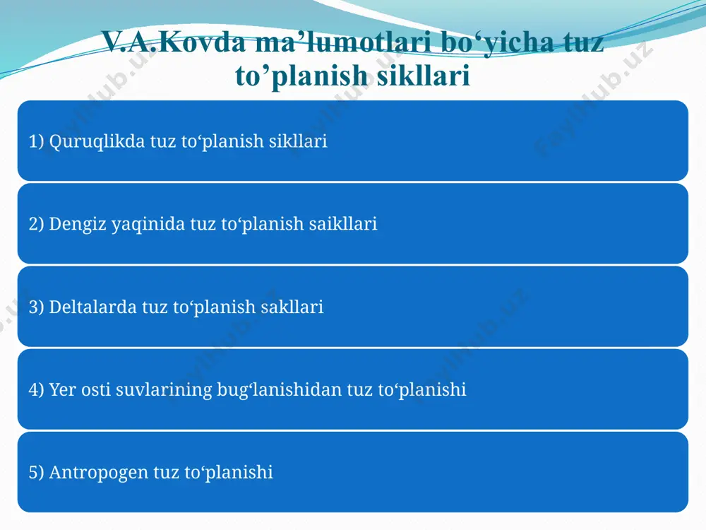 rf tuproqlar 2-3 iv qumli va qumoq tuproqlar -/- v o‘rtacha va engil qumoq, tuzilishi bo‘yicha bir hil yoki pastga tomon engillashadigan og‘ir qumoq tuproqlar -/- vi og‘ir qumoq va soz tuproqli bir xil, tuzilishi bo‘yicha zich yoki mexanik tarkibi bo‘yicha turli bo‘lgan tuproqlar -/- gidromodul hududlar shkalasi (s.n.rijov va n.f.bespalov malumotlari bo‘yicha) № tuproqning aerasiya qismidagi mexanik tarkibi, tuzilishi sizot suvlar chuqurligi gidromorf tuproqlar 1-2 vii qumli va qumoq tuproqlar -/- viii o‘rtacha va engil qumoq, tuzilishi bo‘yicha bir hil yoki pastga tomon engillashadigan og‘ir qumoq tuproqlar -/- ix og‘ir qumoq va soz tuproqli bir xil, tuzilishi bo‘yicha zich yoki mexanik tarkibi bo‘yicha turli bo‘lgan tuproqlar -/- sug‘orish natijasidagi sho‘rlanish, avvalgi tuproq suv rejimining buzilishi oqibatida sodir bo‘ladi. bunda yer tuproq-gruntning juda chuqur qatlamlaridagi tuz zahiralarini sizot suvlarida erishi hisobiga sho‘rlanadi. bu hodisa ko‘pincha sug‘orish natijasida sizot suvlari sathining umumiy ko‘tarilishi oqibatida vujudga keladi. yer yuziga yaqin joylashgan minerallashgan …