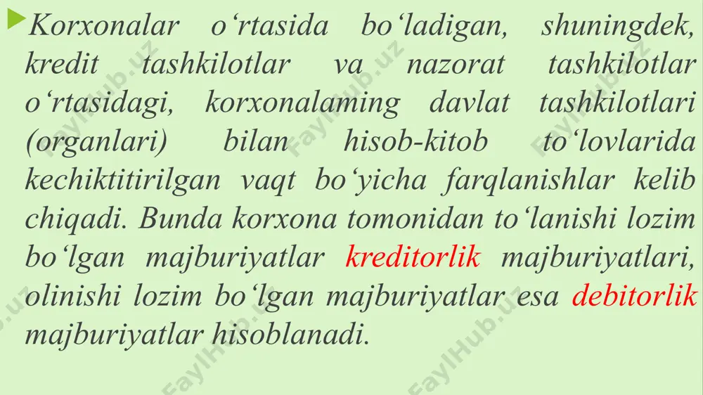 mumkin: — to‘lash muddati kelgan majburiyatlar; - to‘lash muddati o‘tib ketgan majburiyatlar. mamlakatimizda debitorlik va kreditorlik qarzlarini kamaytiyrishda asosiy qonuniy hujjatlardan biri ozbekiston respublikasi vazirlar mahkamasining 2004-yil 14-apreldagi 182-qaroriga ilova «muddati o‘tkazib yuborilgan debitorlik va kreditorlik qarzlami qisqartirish va budjetga to‘lovlar intizomini mustahkamlash bo‘yicha respublika komissiyasi to‘g‘risida»gi nizom hisoblanadi. image1.jpg /docprops/thumbnail.jpeg