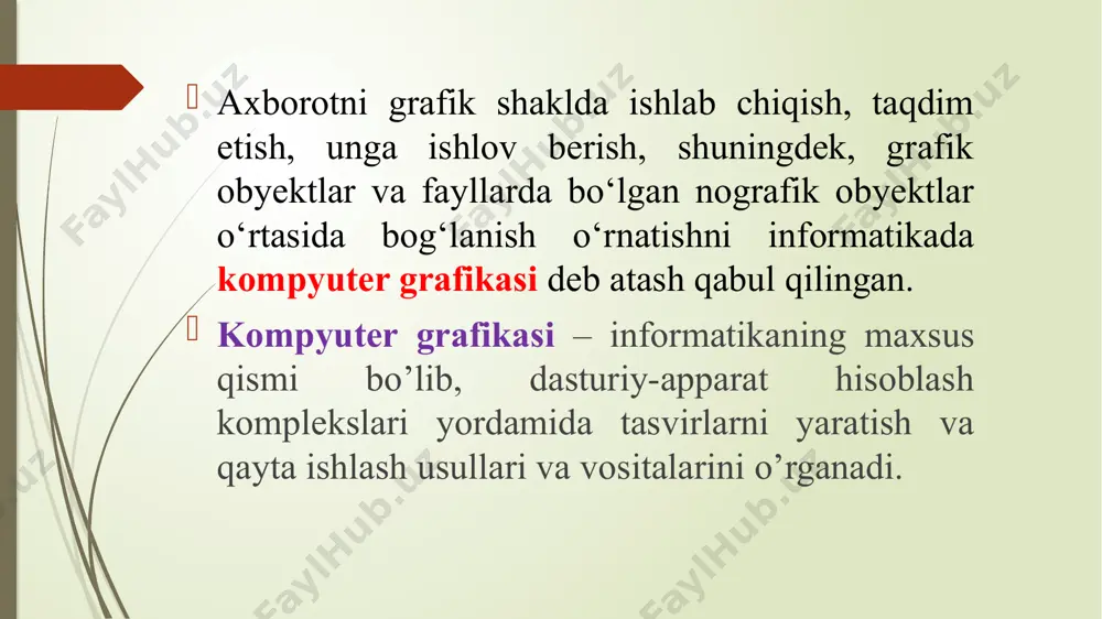 hi mumkin. rastr tasvirlar chiqarish qurilmalari – asosan lazer printerlarida juda yaxshi chop etiladi. ya’ni rastr grafikasining sifati chop etishda o’zgarmaydi. kamchiliklari: rastr tasvirlari saqlash qurilmalari (qattiq disk, sd-dvd, fleshka va h.) da ko’p joy egallaydi; rastr tasvirlarni tahrirlashda kompyuterning xotira resurslari – xususan tezkor xotirada ko’proq joy talab etiladi; rastr tasvirlarni tahrirlash mehnat talab va mashaqqatli; rastr tasvir masshtablashtirilganda tasvir sifati o’zgaradi. vektorli grafika. vektor grafikasida tasvir vektor deb nomlanuvchi chiziqlar asosida qurilib, ularga turli parametrlar – rang, chiziq qalinligi va joylashuvi (vaziyati) xususiyatlari beriladi. vektor grafikasida primitivlar deb nomlanuvchi ob’ektlar bilan ishlanadi. primitivlarga ikki va uch o’lchamli oddiy geometrik figuralar kiradi. ikki o’lchamli geometrik figuralarga – nuqta, to’g’ri chiziq, egri chiziq, aylana, ko’pburchak kabi tekis shakllar kirsa, uch o’lchamli geometrik figuralarga – kub, prizma, piramida, sfera, konus, silindr kabi jismlar kiradi. ushbu oddiy geometrik figuralar asosida murakkab bo’lgan geometrik figuralar – ob’ektlar yaratiladi. agar rastr grafikasida bazaviy element …