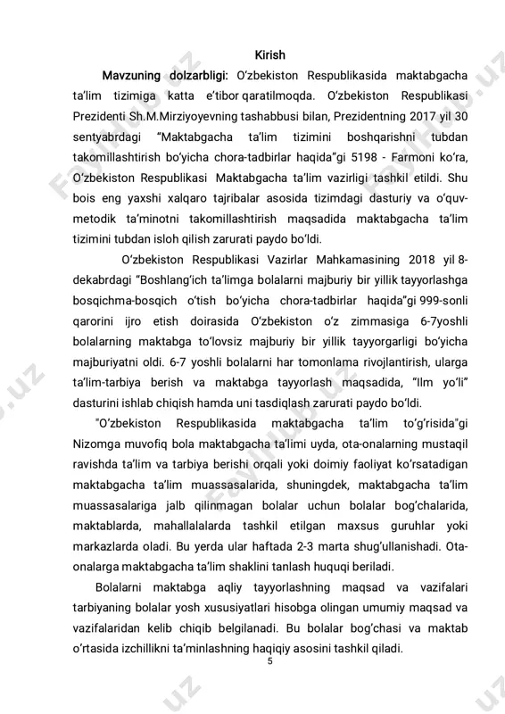 ktab ta’limiga tayyorlashning xususiyatlari har qanday pedagog hech qanday vositalardan foydalanmay, bolani maktabga tayyorgarligini aniqlay oladi. ba'zi ota-onalar ham bola qanchalik sog'lom, chaqqon, mustaqil, aqlli,o'qishga tayyor ekanligini taxminan bilishadi. mtt tarbiyachilari har bir bolaning maktabga tayyorgarligini to'g'ri aniqlashda yetarli pedagogik, texnologik bilim va tajribalarga ega bo'lishlari kerak, bunda ular mttda ta'lim va tarbiya dasturi talablariga tayanishlari kerak. agar maktabgacha davrda bola normal rivojlangan bo'lsa, uning jismoniy va aqliy rivojlanishiga hech qanday kuchli ta'sirlar bo'lmagan bo'lsa, unda bola yetti yoshda ta'lim olish darajasiga yetadi. ammo ba'zi oilalar va bog'chada maktabga tayyor bo'lmagan bolalar ham uchraydi. bunday bolalar mutaxassis nazoratida maxsus tekshiruvdano'tishadi vao'qishga tayyorgarligi darajasi haqida mutaxassis xulosa chiqaradi. bolaningo'yinqaroqligi, mustaqil bo'la olmasligi, his-tuyg'u va ijtimoiy rivojlanishining juda past darajaliligi uning maktabga tayyor bo'lishiga to'siq bo'ladi. bunday bolalaro'rtoqlari va tengdoshlari orasida o'z o'rnini topa olmaydilar. mtt bolasi kun bo'yi tuzilishi va mazmuni qiziq boigan turli xil faoliyatlar bilan shug'ullanadi. bola asosan,o'z xohishi …