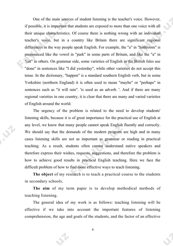 ional establishments. structurally the presented term work consists of: introduction, two chapters, conclusion, and bibliography. bibliography includes 25 items. chapter i formation of listening i.1. listening in pedagogical studies three men were on a train in england. as they approached what appeared to be wemberly station, one of the travelers said, "is this wemberly?" "no," replied a second passenger, "it's thursday" .where up on the third person remarked, "oh, i am too; let's have a drink!" the importance of listening in language learning cannot be overstated. through reception, we incorporate linguistic information, without which we cannot form language. in classrooms, students always listen more than they speak. listening competence is universally "bigger" than speaking competence. is it any wonder, then, that in recent years, language teachers have been paying special attention to listening comprehension? listening comprehension has not always drawn the attention of educators to die extent that it now …