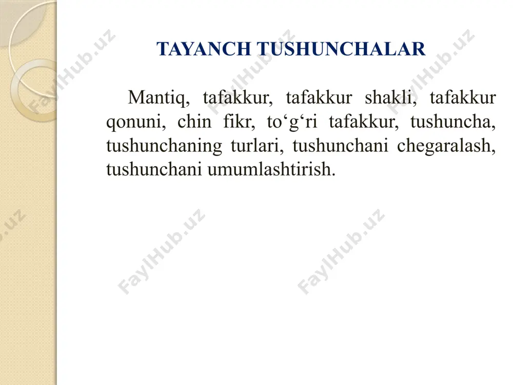 alar bir-biri bilan bеvosita va bilvosita aloqada bo’ladi. mana shu aloqadorlik bizning tafakkurimizda in'ikos etadi. formal mantiq qonunlari tafakkurga xos bo’lib fikrning to’g’ri tuzilishini, uning aniq, izchil, ziddiyatsiz va еtarli asosga ega bo’lishini ta'minlaydi. bu qonunlarga rioya qilish to’g’ri fikrlashni ta'minlaydi. formal mantiq tafakkur usullari va qonunlarini o‘rganadi. dialektik mantiq dialektik mantiq tafakkurni uning mazmuni va shakli birligida olib o‘rganadi. shuning uchun dialektik mantiq fikrlarimizning taraqqiyoti, rivojlanishini, formal mantiq esa nisbiy turg‘unligini aks ettiradi. dialektika fikrlashning formal mantiq qonun – qoidalariga amal qilishni taqazo etadi. dialektika esa rivojlanish jarayonida aynanlik, tafovutlar va qarama – qarshiliklar darajasiga ko‘tariladi, nozidlik taraqqiyot manbai bo‘lmay, balki ular o‘rtasidagi qarama – qarshilik taraqqiyotni ta’minlaydi, deb ko‘rsatadi. formal mantiq va dialektik mantiq bir – biriga muqobil metodlarga asoslanadi. ular mustaqil ta’limot hisoblanadi. matematik mantiq matematik mantiq – fikrlash jarayonini turli simvollar yordamida, matematik usul asosida o‘rganadi. mantiq jarayonini turli simvollar bilan ifodalashga intilish arastu asarlaridayoq ko‘zga …