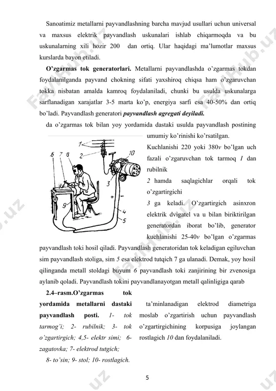 emniy, xrom, nikel, molibden va titan bilan legirlangan simlar; bular jumlasiga: sv-08gs, sv-08g2s, sv-12gs, sv-18xma, sv-10x5m, sv20xgs va boshqalar kiradi. 3. maxsus po’latlarni payvandlash uchun mo’ljallangan ko’p legirlangan simlar; bular jumlasiga: sv-06x14, sv-07x19n9, sv-07x25n20 va boshqalar kiradi. elektrod-simlarning markalariga belgilashdagi shartli belgilar: sv-payvandlash simini, birinchi raqam simdagi uglerodning yuzdan bir ulushini, keyingi harflar va ulardan keyin keluvchi raqamlar turli elementlarni prosent miqdorini bildiradi. masalan, g-marganes, s-kremniy, x-xrom, yu-alyuminiy va boshqalar. shuni qayd etish kerakki, bu payvandlash simlaridan faqat elektrod-sterjenlar uchungina emas, balki flyus ostida avtomatikaviy usulda payvandlashda, himoya gaz muhitida payvandlashda va yonuvchi gaz alangasida payvandlashda, chokbob sim sifatida ham foydalanish mumkin. huddi shunday elektro-sterjenlar sifatida, masalan, cho’yanlarni payvandlashda, quyma cho’yan chiviqlardan, mis payvandlashda m1, m2, m3 markali mis simlardan, alyuminiy qotishmalarni payvandlashda ak, ad, am markali simlardan foydalaniladi. elektrod qoplamalari tajribadan ma’lumki, qoplamasiz metall elektrodlar bilan metallarni payvandlashda yoyning barqaror yonmasligiva vannaning tashqi muhitdan muxofaza etilmasligi sababli chok sifatli …