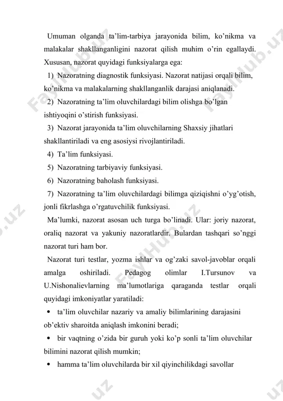 ng quyidagi savollari har xil qo’yiladi: marketing-moliya; menejment; soliqlar kabi integrativ bilimlar va h.k. 2). me’yoriy test tuzishning umumiy yo’nalishi bo’yicha maqsadli yoki kriterial (mezonli) xarakterdagi testlarda yig’ilgan ballar hisob natijalariga ko’ra bir guruhni boshqa guruh bilan, guruh ichidagilarni esa bir-biri bilan solishtirish mumkin. berilgan testdan o’tgan shaxslarning o’rtacha ko’rsatkichi me’yor hisoblanadi. solishtirish natijasida mazkur shaxsning o’rtacha ko’rsatkichidan yuqori yoki past bilim darajasiga ega ekanligi aniqlanadi. mezonli testlarda esa, har bir ta’lim oluvchining qandaydir o’quv yoki mutaxassislikka oid topshiriqlarini yechish uchun zarur bo’ladigan bilim va o’zlashtirish qobiliyatlari ochib beriladi, ya’ni mezonli testlar va unga mos topshiriqlar ta’lim oluvchilarning bilim va ko’nikmalari aniq fan sohalari bo’yicha o’qitish maqsadining minimal talablariga qay darajada erishgani yoki erishmaganligi haqidagi savollarga javob beradi. me’yoriy testlarda, asosan topshiriqni “yechdi” yoki “yechmadi” deb belgilansa, mezonli testlarda esa topshiriqni qaysidir yo’l bilan yechgan ta’lim oluvchilarni murakkab ishlarga qo’yish mumkinligi, ularning murakkab dasturlar bo’yicha ishni davom ettira olishligi hisobga …