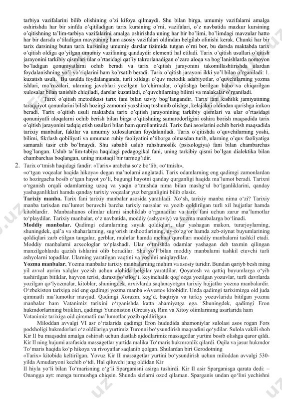 simal, ta’lim tarbiya vazifalarining muvafaqqiyatli amalga oshirilishi o’qitishning mazmuniga bog’liq bo’lgandek, tarix kursini o’zlashtirish darajasi ham o’z navbatida o’qitishning ilmiy asosda, maqsadga muvofiq tashkil qilinishiga, o’qituvchining o’rganiladigan mavzuni maqsadi, ta’lim tarbiya vazifalari va mazmuniga mos keladigan ta’lim formalari, o’qitish usullari hamda vositalaridan qay darajada maqsadga muvofiq foydalana bilishga bog’liqdir. shuningdek, o’qitishning natijalari ham o’qituvchining o’qitishdan ko’zlangan maqsadni, uning ta’lim-tarbiyaviy vazifalarini aniq belgilay olishga, kursning mazmuniga mos tarzda amalga oshirishga yordam oladigan metod va usullardan ilmiy asosda foydalana bilishga bog’liqdir. tarix o’qitishning asosiy maqsadi, albatta o’tmish tarixni o’rganish va vatanga sodiq jamiyat kishisini tarbiyalashdan iborat. tarixni o’qitish degandatarixiy material vatanga munosib ruhda tarbiyalash va kamol toptirish vazifalarini amalga oshirish uchun zarur bo’lgan jarayon, yangi o’qituvchi va o’quvchilarning aqliy ichki hamda o’quv harakatlari tashqi jarayoni tushuniladi. tarix kursining mazmuni deganda tarix dasturlarida belgilab berilgan tarixiy bilimlar ko’lami, o’quv materiali; uning asl mazmunini umumlashtirishi o’quvchilarning tarixiy materiallari o’zlashtirish va olgan bilimlarini foydalana bilish …