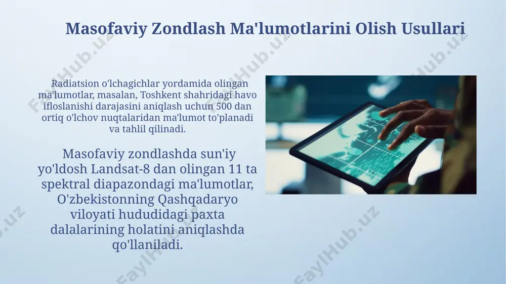 oring qilishda muhim rol oʻynaydi. 2022-yilda oʻzbekistonning qashqadaryo viloyati ustidan olingan landsat 8 sunʼiy yoʻldosh maʼlumotlari, 30 metrli fazoviy oʻlchamga ega boʻlib, yer qoplamini aniqlash uchun ishlatilgan. yer yuzasidan olingan ma'lumotlar yer yuzasidan olingan giper spektral ma'lumotlar, masalan, aviris sensori yordamida 200 dan ortiq tor spektral diapazonlarda to'plangan ma'lumotlar, mineral konlarini aniqlashda va toshkent viloyatining geologik xaritalarini tuzishda muhim ahamiyatga ega. yer yuzasidan olingan sun'iy yo'ldosh ma'lumotlari, masalan, landsat 8 tomonidan 30 metrli piksel o'lchamida 7 ta spektral diapazonda tasvirlarni olish imkonini beradi va bu ma'lumotlar o'zbekistonning qishloq xo'jaligi maydonlarini tahlil qilishda qo'llaniladi. sun'iy yo'ldosh ma'lumotlarini olish "worldview-3" kabi yuqori aniqlikdagi sunʼiy yoʻldoshlar, masalan, toshkent shahri ustida 0,3 metrli fazoviy aniqlikdagi panxromatik tasvirlarni olish imkoniyatini taqdim etib, batafsil topografik xaritalar yaratishga yordam beradi. quyosh sinxron sunʼiy yoʻldoshlar, masalan, landsat 8, yerning 705 km balandlikdagi orbitasidan 16 kunlik siklda yuqori aniqlikdagi koʻp spektrli tasvirlarni oladi, bu esa dunyoning katta hududlarini monitoring …