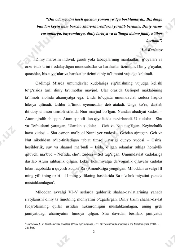 izimi diniy ta’limotni vujudga keltiradi. qadimgi misrda umumdavlat xudolariga sig‘inishning vujudga kelishi to‘g‘risida turli diniy ta’limotlar mavjud. ular orasida geliopol maktabining ta’limoti alohida ahamiyatga ega. unda to‘qqizta umumdavlat xudosi haqida hikoya qilinadi. ushbu ta’limot «yenneada» deb ataladi. unga ko‘ra, dastlab ibtidoiy ummon timsoli sifatida nun mavjud bo‘lgan. nundan abadiyat xudosi – atum ajralib chiqqan. atum qanotli ilon qiyofasida tasvirlanadi. u xudolar – shu va tefnutlarni yaratgan. ulardan xudolar – geb va nut tug‘ilgan. keyinchalik havo xudosi – shu osmon ma’budi nutni yer xudosi – gebdan ajratgan. geb va nut nikohidan o‘lib-tiriladigan tabiat timsoli, narigi dunyo xudosi – osiris, hosildorlik, suv va shamol ma’budi – isida, o‘lgan odamlar ruhiga homiylik qiluvchi ma’bud – neftida, cho‘l xudosi – set tug‘ilgan. umumdavlat xudolariga dastlab atum rahbarlik qilgan. lekin hokimiyatga da’vogarlik qiluvchi xudolar bilan raqobatda u quyosh xudosi ra (amonra)ga yengilgan. miloddan avvalgi iii ming yillikning oxiri – ii ming yillikning boshlarida ra o‘z …
