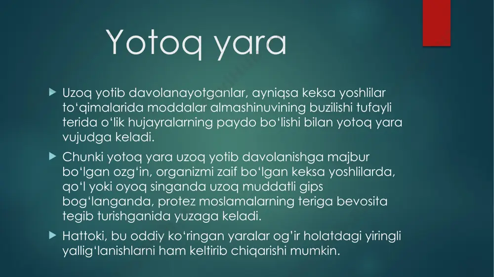 assasada sanitariya madaniyati yuqori darajada emasligidan darak beradi. shuning uchun tibbiyot hamshirasi har gal o‘rinni qaytadan solganda, bemorning badanini, ayniqsa, yaralar paydo boiadigan (yoki qotib qoladigan) joylarni ko‘zdan kechirishi lozim. tibbiyot sanoati oqma yaralar (yoki qotib qoladigan joylar) paydo bo‘!ishining oldini olish maqsadida, usti qat-qat burmali va elektr isitgichli shishirilgan, rezina aralashtirilgan to'shaklar ishlab chiqaradi. yotoq yarada bo’lgan bemorlar parvarishi bemorlar ajratib chiqaradigan suyuqlik gigiyenasi burun yo'llari, og‘iz, tanosil a ’zolari va orqa teshik suyuqlik ajralib chiqadigan asosiy manba va joylar hisoblanadi. kasallar statsionarga yotgach, ularning har biriga alohida tufdon, siydikdon va tagiga qo‘yiladigan idish, agar zaruriyat tug'ilsa qusuq uchun toza tog‘ora ajratiladi. kichik tibbiyot hamshirasi tufdonlar qopqoq bilan yopib qo‘yilishini kuzatib borishi, ichidagini muntazam ravishda to‘kib, xloraminning bir foizli eritmasi, dezokson-i ning 2 foizli eritmasi yoki boshqa dezinfeksiya vositalari bilan dezinfeksiya qilishi lozim. agar bemorning burni dambadam oqib turadigan bo’lsa , unga bir marta foydalaniladigan qog'oz dastro'mollar va doka …