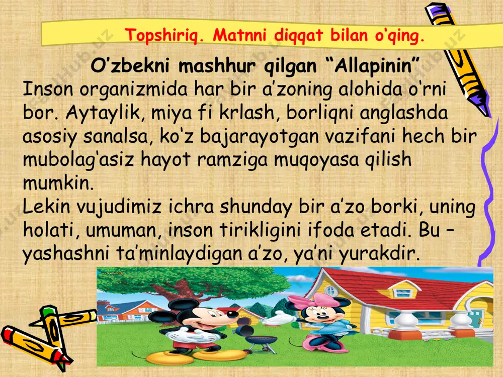 on kelgan unlilar orasida ba’zan y undoshi qo‘shib aytilsa ham, yozilmaydi. masalan: material, tabiat, biologiya, maishat, teatr, aeroport va hokazo. 8 “o‘zbekni mashhur qilgan “allapinin” matnidagi ajratilgan so‘zlarni ko‘chiring. qanday tovush o‘zgarishlari sodir bo‘layotganini aniqlang. masalan: o‘rni – i tovushi tushgan, yozuvda aks etgan. 9 10 uyga vazifa. 11 uyga vazifa. ia, io, ai, oi, ea kabi yonma-yon keladigan unlilar ishtirok etgan 10 ta so‘z yozing va ular ishtirokida gaplar tuzing 12 e’tiboringiz uchun rahmat!!!! image1.png image2.jpeg image3.png image4.png image5.png image6.png image7.png image8.png image9.png image10.png image11.png