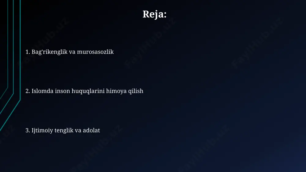 iroq muammolar hali ham mavjud. hadislar va inson huquqlari islomda ayolning huquqlari haqida 40 dan ortiq hadis mavjud bo'lib, ular nikoh, merosi, ta'lim olish va ijtimoiy hayotda ishtirok etish huquqlarini himoya qilishga qaratilgan. hadislarning 20% dan ortig'i insonlar o'rtasidagi yaxshi munosabatlarni, bag'rikenglikni, sabr-toqatni va bir-biriga yordam berishni targ'ib qiladi, bu esa ijtimoiy adolat va tinchlikni ta'minlashga xizmat qiladi. qur’oni karim va inson huquqlari adolat va tenglik qur'oni karimning asosiy tamoyillaridan biri bo'lib, 4-surada meros huquqi, 16-surada esa kambag'allarga yordam berish haqida batafsil bayon qilingan. qur'oni karimda insonlarning diniy erkinligi, vijdon ozodligi, fikr bildirish huquqi kabi asosiy huquqlari 2- va 18-surallarda kafolatlangan. islom davlatlaridagi inson huquqlari amaliyoti islom davlatlarining aksariyatida, qonunlarda inson huquqlari kafolatlangan bo'lsa-da, amalda gender tengsizligi kabi muammolar mavjud bo'lib, ayollarning 30% dan kamrog'i mehnat bozorida faol ishtirok etadi. ba'zi islom davlatlarida diniy ozchiliklarning huquqlari cheklangan, masalan, diniy erkinlik faqatgina 10-15% aholi uchun to'liq ta'minlangan. islomdagi bag‘rikenglik va kamtarlik …