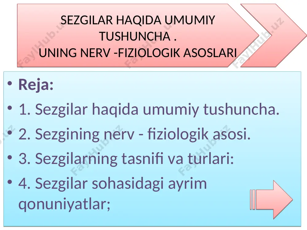 yi chegarasi deyiladi. sezgilarning quyi chegarasi analizatorning absolyut sezgirligi darajasini aniqlaydi. masalan: 1 gramm qandni bir piyola choydagi mazasi uncha sezilmaydi, 0,1 sm qog`ozni qo`lni kaftiga qo`yilsa uning og`irligi sezilmaydi. sezgi chegarasining me`yori qanchalik kichik bo`lsa, mazkur analizatorning sezgirligi shunchalik yuksak bo`ladi. sensibilizatsiya ikki tomonlama bo`ladi: 1) adaptatsiyada sezgirlik oshadi yo kamayadi, sensibilizitsiyada esa faqat oshadi. 2) adaptatsiyada sezgirlikning o`zgarishi tashqi sharoitlarga bog`liq bo`lsa, sensibilizatsiyada psixologik, fiziologik holatlarga bog`liq bo`ladi. sinestezeya bir vaqtda bir nechta sezgi a`zolarining ishlash jarayoni. masalan limonni ko`rganimizda yoki u haqida eshitganimizda uning ta’mini ham his qilishimiz.