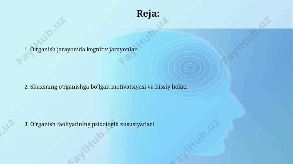 shda o'qitish uslublarini tanlash zarurligini bildiradi. o'rganishning chuqurlashgan tushunishini shakllantirishda metakognitiv strategiyani qo'llash samaradorligi 20% ga oshishi mumkin, ya'ni o'quvchilar o'z o'rganish jarayonini monitoring qilish va boshqarishni o'rganganlarida, masalan, samarqanddagi oliy o'quv yurtlarida kuzatiladi. diqqat va o'rganish diqqatning 7±2 birligi chegarasi, millerning tadqiqotlariga ko'ra, o'quv faoliyatida qisqa muddatli xotiraga tushgan ma'lumotlar hajmini cheklaydi, bu esa samarqanddagi talabalarning o'zlashtirish samaradorligiga ta'sir qiladi. o'rganish jarayonida 20% audio, 30% vizual va 50% audio-vizual ma'lumotlarni birgalikda ishlatish xiva shahridagi maktablardagi ta'lim natijalarini sezilarli darajada yaxshilaydi, bu diqqatni jamlashni oshiradi. o'rganishdagi ijtimoiy-psixologik omillar toshkentdagi 2015-yilgi eksperimentda, o'quvchilarning o'zaro hamkorlikdagi ishlari 25% ga ko'proq muvaffaqiyatga erishganligini ko'rsatdi, bu kooperativ o'rganishning samaradorligini ta'kidlaydi. 1990-yillardagi samarqanddagi tadqiqotlar shuni ko'rsatdiki, o'quv jarayonida guruh birdamligi 30% ga o'quv natijalarini yaxshilashga yordam beradi, bu ijtimoiy qo'llab-quvvatlashning ahamiyatini tasdiqlaydi. xotira va o'rganish toshkent shahridagi maktablarda o'tkazilgan kuzatuvlar, visual (ko'rish) xotirasining auditory (eshittish) xotiraga nisbatan 1.5 baravar samaraliroq ekanligini aniqladi, bu o'qitish metodlarini …