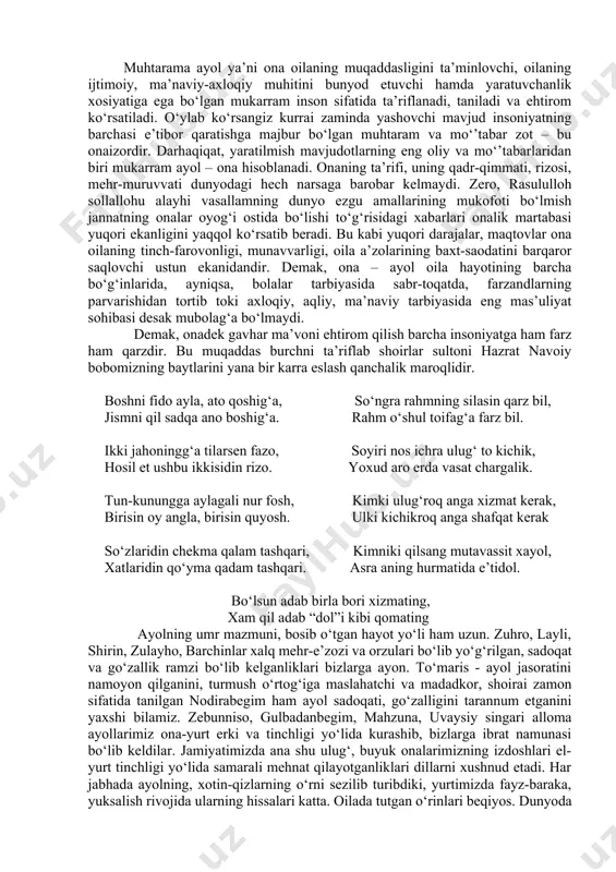 on so‘z aytib, bexurmat qilma, degani bo‘lsa, ikkinchi ma’nosi ota-onang oldida “uf” dema, ular, bolam og‘ir holga tushibdi, deb ozorlanadilar, deganidir. “...ularga ozor berma va ularga yaxshi so‘z ayt!” ota-onangga xech bir ozorni ravo ko‘rma! qanday yaxshi so‘z bo‘lsa, o‘shani ota-onangga ravo ko‘r! rasululloh (s.a.v.) ham ota-onaga yaxshilik qilishga ko‘p bora buyurganlar. bundan tashqari bir necha hadislarda onaning haqqi otaning haqqiga qaraganda ko‘proq ekanini ham aytganlar. baxz ibn hakimdan rivoyat qilinadi: “yo, rasululloh, kimga yaxshilik qilay?”,- dedim. “onangga”,- dedilar. “so‘ngra kimga?”,-dedim. “onangga”, - dedilar. “so‘ngra kimga?” - dedim. “onangga”, - dedilar. “so‘ngra kimga?” - dedim. “otanga va so‘ng yaqin bo‘lgan qarindoshlaringga”, - dedilar”. mana shu hadisi sha’rifda rasuli akram alayhissolatu vassalom “kimga yaxshilik qilay?” deb so‘ragan sahobiyga ketma-ket uch marta “onangga yaxshilik qil” deb turib, to‘rtinchisida “otangga” deyishlaridan ulamolarimiz hukm chiqarib: “onaning haqqi otanikiga nisbatan uch marta yuqori turadi”, deyishadi. ushbu hadisi sharifdan olinadigan foydalar quyidagilardan iborat: 1.farzandning yaxshilik qilishiga …