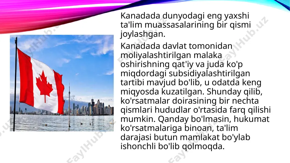 asdiqni olishlari mumkin. fakultativ ta'lim kanadada maktablar va kollejlarning keng tizimi mavjud bo'lib, ular butun dunyodagi ixtiyoriy mashg'ulotlarni taklif qilishadi. kanadada butun mamlakat bo'ylab shahar va qishloq joylarida joylashgan ko'plab global miqyosda qabul qilingan kollej dasturlari mavjud. kanada kollejlaridan berilgan darajalar odatda dunyodagi turli xil kollejlarning darajalariga teng deb qabul qilinadi. kanadadagi yordamchi ko'rsatmalar bilan tanishib chiqing. kollej yili asosan sentyabrdan aprelga yoki maygacha davom etadi va ikki semestrni yoki muddatlarni o'z ichiga oladi. ko'plab yordamchi tashkilotlar o'rta semestrda uchinchi semestrda kurslarni olishning alternativasini taklif qilishadi. odatda, talabalar kollejda imtihon dasturini sentyabrda (qoida tariqasida) yoki yanvarda boshlashlari mumkin. maktab loyihalari doimiy ravishda olib borilishi mumkin va talabalar yil davomida turli yo'nalishdagi kurslarni boshlashlari mumkin. ingliz va frantsuz tillarida o'qitish universal talabalar kanadaning ikkala hokimiyat lahjalarida ham diqqatni jamlashga qaror qilishlari mumkin. kanadada har qanday darajadagi sinfga borish uchun talabalar ikki lahjani yaxshi bilmasliklariga qaramay, bir nechta tashkilotlar ikki lahjada ko'rsatma …