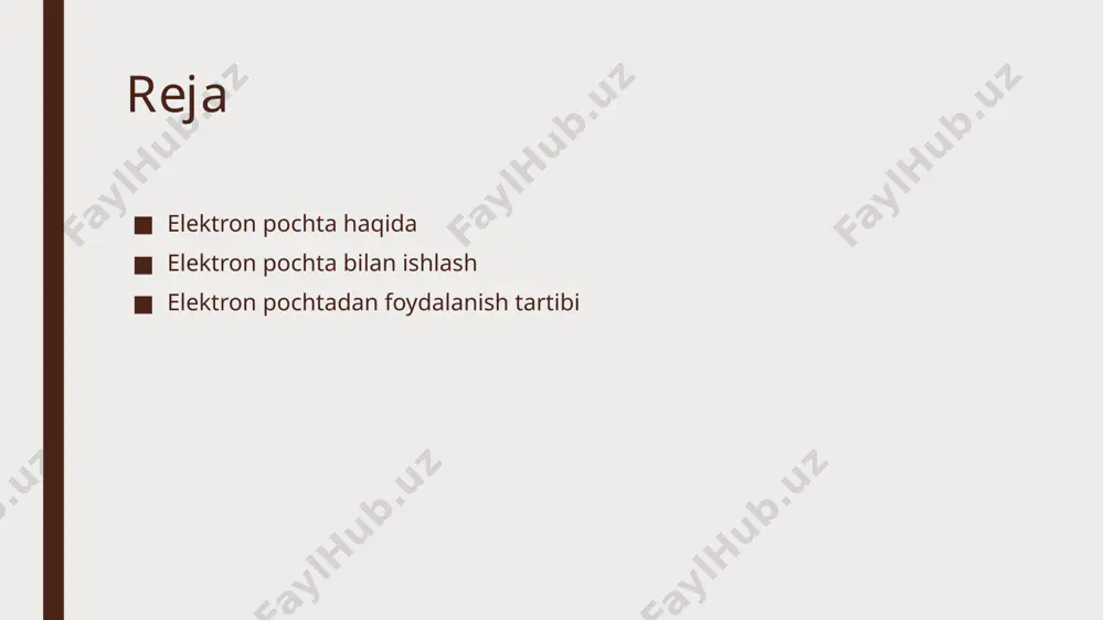 i provayder beradi. internetda bepul elektron pochta xizmatlari mavjud. ular yordamida o’zingizga elektron adres ochishingiz mumkin. elektron pochta manzili: pochta qutisi nomi (name) va pochta serveri manzilidan (domain2 — tashkilot nomi, domain1 — asosiy domen) iborat bo’ladi. masalan: name@domain2.domain1. internetda elektron pochtadan foydalanmoqchi bo`lsangiz www.mail.ru, www.hotmail.com, www.yahoo.com, www.yandex.ru, www.rambler.ru kabi portallar mavjud. hozirgi kunda o`zbekistonda ham ko`plab elektron pochta serverlari xizmat ko`rsatmoqda (www.inbox.uz, www.umail.uz va sh.k.), ushbu sahifalariga kirib elektron pochtasidan foydalanishingiz mumkin. elektron pochtadan foydalanish va elektron xabarlarni almashish madaniyatiga riyoya qiling. buning uchun quyudagilarni inobatga oling: – pochtangizni tez-tez o’qib turing; – xatda albatta sarlavha ko’rsating; – xatingizni oluvchini biling va hurmat qiling; – xatni xatosiz yozing; – xabarni qisqa yozing; – kerak bo’lmagan taqdirda o’z xatingizda javob va so’rovlar yo’llamang; – so’rovlarga to’liq javob bering. e’tiboringiz uchun rahmat image1.png image2.png image3.png image4.png image5.png image6.png image7.png /docprops/thumbnail.jpeg