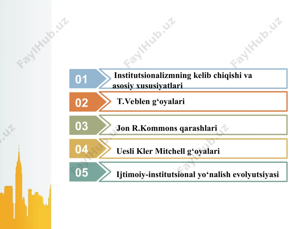 iq ravishda ro‘y berdi (sanoat va moliya monopoliyalari, korxonalarning yiriklashuvi va boshqalar), chunki bu davr rivojlanishini erkin raqobatga asoslangan avvalgi davr ta‘limotlari bilan izohlash mumkin bo‘lmay qoldi. institutsionalizm ma‘lum ma’noda neoklassik yo‘nalishga muxolifdir. neoklassiklar bozor iqtisodiyotini o‘zini-o‘zi boshqara oladigan (a.smit fikri) sistema, deb qarasalar(sof iqtisodiyot fani), institutsionalizm tarafdorlari iqtisodiyot rivojlinishining harakatlantiruvchi kuchlari moddiy omillar bilan birga tarixiy kontekstda qaraladigan ma’naviy, axloqiy, huquqiy va boshqa omillarga ham bog‘liqdir, deb o‘ylaydilar ўзбекистон республикаси қурилиш вазирлиги қошидаги “қурилишда техник меъёрлаш” маркази tarixiy va ijtimoiy muhit omillarining hisobga olinishi tarixiy maktab bilan yaqinlikni anglatsa ham, ammo to‘la yakdillik yo‘q. yangi yo‘nalish neoklassiklarning marjinalizm g‘oyalariga asoslangan matematik va ekonometrik prinsiplarini keng qo‘llaydilar institutsionalizmga xos bo‘lgan uslubiy xususiyatlar quyidagilardan iborat: iqtisodiy nazariyani boshqa ijtimoiy fanlar bilan integratsiyasiga intilish yoki fanlararo yondashuv ustuvorligiga ishonch; neoklassikaga xos abstraksiyaning yuqori darajasi va ayniqsa, baho nazariyasining ortodoksal statik xarakteridan qoniqmaslik; klassik va neoklassik nazariyalarda empirizm (tajribaga suyanish) yetishmasligidan norozilik, chuqur …