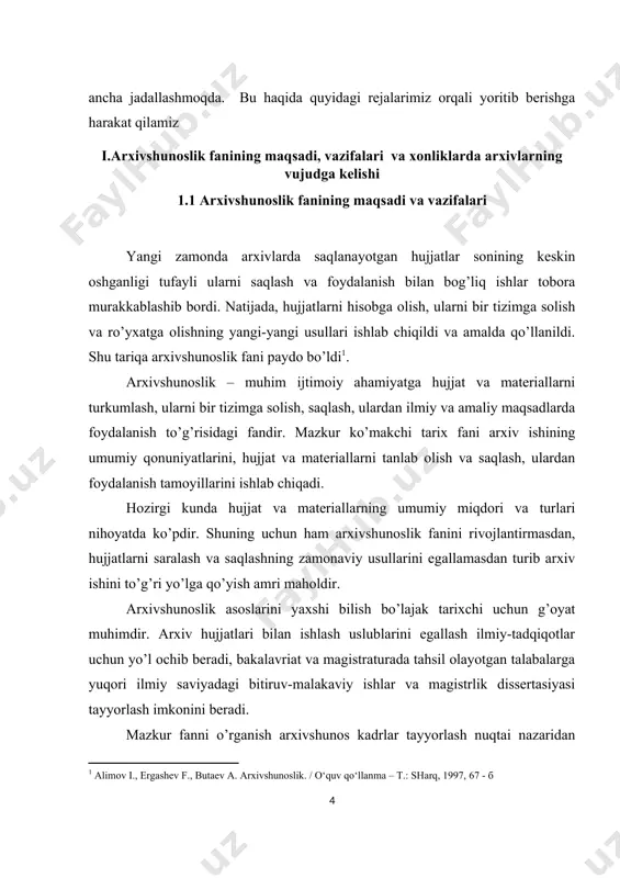 rakli ma’lumotlarni qiyinchiliksiz topishi, shu ma’lumotlarning aniqligi, tarixi va foydalanuvchilarga tasirini kafolatlaydigan holatda bo‘lishi kerak. graig roberson yana bir arxivshunos olimning arxiv tushunchasiga bergan ta’rifini keltiradi. uning fikricha arxiv “haqiqiy hujjatlar uyi” deb fikr bildirladi. (antonina burton. archive stories (facts, fictions and the writing of history). – london. 2005.7-bet). yuqorida ta’kidlab o‘tilganidek arxivda xolisona, haqiqiy, aniq bo‘lgan ma’lumotlar va hujjatlar kiritilishi hamda saqlanishi lozim. haqiqatdan sodir bo‘lgan voqealarni qanday va qaysi holatlarda yuzaga kelishini bilib olish uchun nima qilish kerak. bu haqda charlin stidman shunday deydi: - berilgan ma’lumotlar iqtibos (snoska) lar bilan bo‘lishi; - bayon etilgan voqe’a hodisalarga muallif bevosita ishtirok etishi; - ma’lumotlar telefon orqali, og‘zaki yoki tashlab ketilgan har qanday xatlar orqali emas, aynan arxiv xodimi tomonidan foydalanuvchining o‘zigagina taqdim etilgan bo‘lishi lozim. o‘zbekiston respublikasining 2010 yil 15 iyunda qabul qilingan “arxiv ishi to‘g‘risida”gi qonunning 3-moddasida arxiv atamasiga quyidagicha izoh beriladi. arxiv – arxiv hujjatlarini jamlash, hisobga …