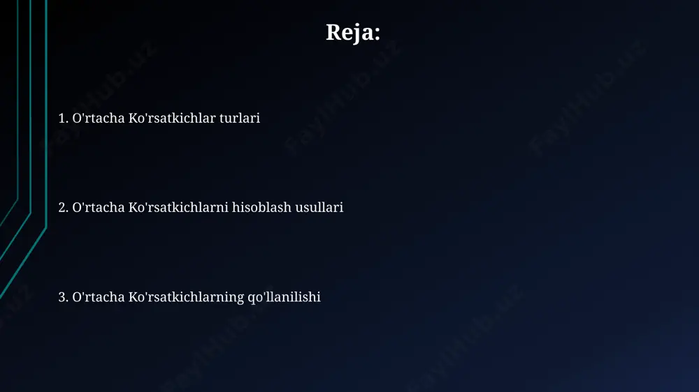 lashda, agar ma'lumotlar to'plami 10 ta sonni o'z ichiga olsa va ularning yig'indisi 50 ga teng bo'lsa, o'rtacha arifmetik 5 ga teng bo'ladi (50/10=5). bu eng sodda va keng tarqalgan hisoblash usuli hisoblanadi. o'rtacha ko'rsatkichlarni tahlil qilish va talqin qilish o'rtacha ko'rsatkichlarni tahlil qilishda, ma'lumotlarning tarqalishiga e'tibor qaratish muhim, chunki 50% dan ortiq qiymatlar o'rtacha qiymat atrofida joylashgan bo'lishi mumkin, ammo qolganlari ancha farq qilishi mumkin. standart deviatsiya kabi tarqalish o'lchovlari o'rtacha qiymatning ishonchliligini baholashda yordam beradi. masalan, kichik standart deviatsiya o'rtacha qiymatning aniqroq ekanligini ko'rsatadi. turli sohalarda o'rtacha ko'rsatkichlardan foydalanish qishloq xo'jaligida gektariga o'rtacha hosildorlik 20 sentnerni tashkil etib, samaradorlikni oshirish uchun texnologiyalarni takomillashtirishga ehtiyoj mavjudligini ko'rsatadi. ta'lim sohasida o'rtacha o'quvchining bilim darajasi 5 balldan 3,5 ballni tashkil etib, o'quv dasturining 70%ini o'zlashtirayotganligini ko'rsatadi. o'rtacha geometrik va harmonik hisoblash geometrik o'rtacha, n ta musbat sonlarning ko'paytmasining n-darajali ildizini hisoblash orqali topiladi va masalan, 2, 4 va 8 sonlari uchun …