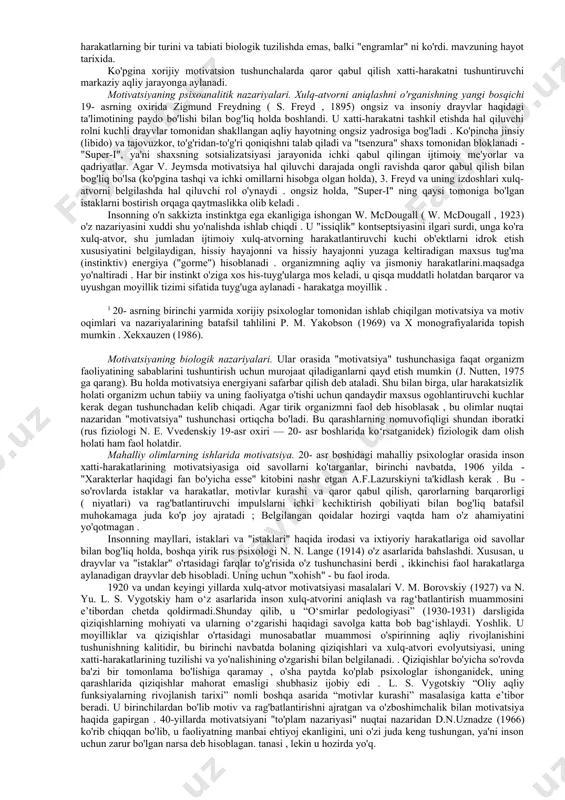 rqali bizning ongimiz, his-tuyg'ularimiz va irodamizni harakatga keltiradi va ularni organizmning mavjudligini saqlab qolish uchun muayyan choralarni ko'rishga yo'naltiradi. insonning ehtiyojlari uzluksiz bo'lib, bu holat uning doimiy faoliyatining manbai hisoblanadi. p. xolbax o'zining ehtiyojlar to'g'risidagi ta'limotida inson faoliyatini tushuntirish uchun faqat tashqi sabablarning o'zi etarli ekanligini ta'kidladi va ongning, kognitiv, hissiy va irodaviy faoliyatning spontan faoliyati haqidagi idealizmning an'anaviy g'oyasini butunlay rad etdi. k.gelvetsiy ehtiroslarni inson faoliyatining manbai deb hisoblagan. jismoniy yoki tabiiy ehtiroslar ehtiyojlarni qondirish yoki qondirishdan kelib chiqadi . u ikkinchisini sensatsiyalar bilan aniqladi . n. g. chernishevskiy inson xulq-atvorini tushunishda ehtiyojlarga muhim o'rin berdi . faqat ular orqali sub'ektning ob'ektga munosabatini tushunish, shaxsning aqliy va axloqiy rivojlanishi uchun moddiy va iqtisodiy sharoitlarning rolini aniqlash mumkin, deb hisoblaydi. ehtiyojlarning rivojlanishi bilan u kognitiv qobiliyatlarning rivojlanishini bog'ladi. birlamchi organik ehtiyojlar bo'lib, ularning qondirilishi axloqiy va estetik ehtiyojlarning paydo bo'lishiga olib keladi . hayvonlarga faqat jismoniy ehtiyojlar beriladi, bu ularning …