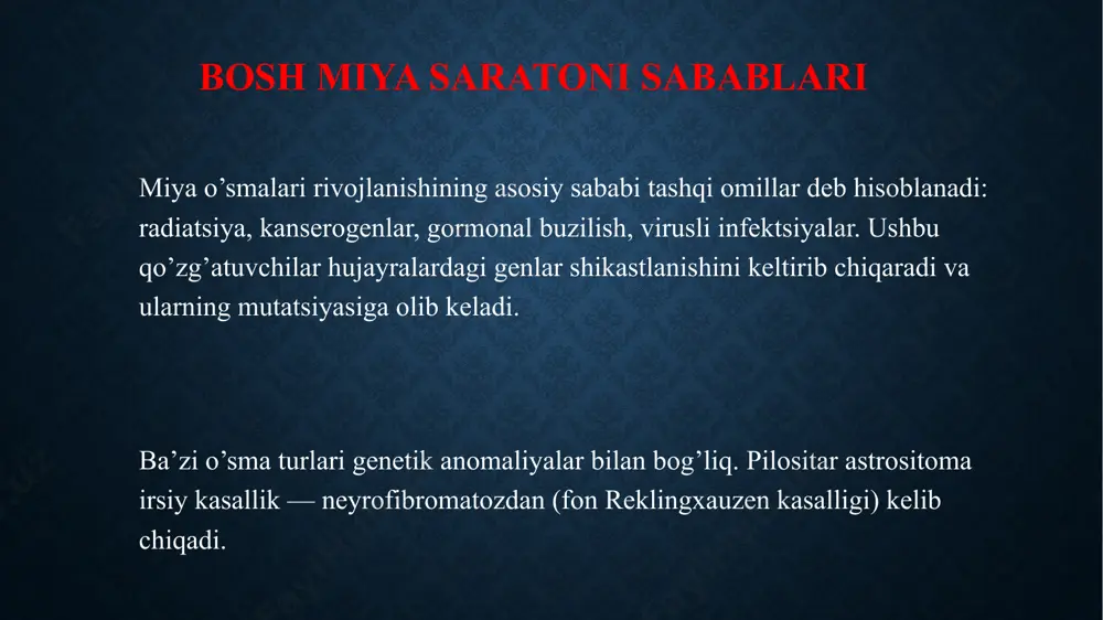 lan bog’liqligi yo’l qo’yadigan darajada imkon qadar maksimal olib tashlanadi. konservativ davolash usullari orasida yetakchi rol radiatsion onkologiyaga to’g’ri keladi — miya saratoni nurlanishga javob qaytaradi. dori-darmonli terapiyadan foydalanish tajribasi to’plangan. bolalarda kombinatsion davolash immunitetni kuchaytirishning turli usullari bilan to’ldiriladi. /docprops/thumbnail.jpeg