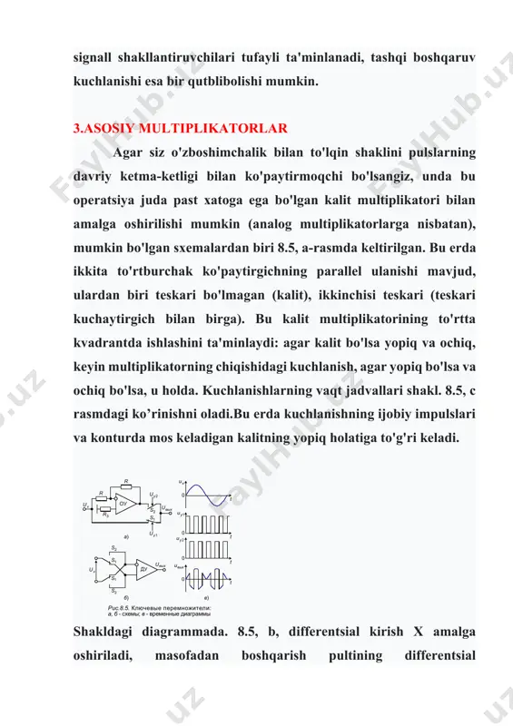 gʼimi oshganda, tanlash rejimida uning zaryadlanishi oshadi. bu esa oʼzgartirish xatoliliga olib keladi. chunki kondensatorlagi oʼrnatilgan kuchlanish kattaligi tanlovchi-saqlovchi qurilmani kirishiga berilayatgan haqiqiy qiymatga toʼgʼri kelmaydi. kondensatorni zaryadlanish vaqtini kuchlanish boʼyicha tekari bogʼlanish orqali kamaytirish mumkin, masalan 15.1.b – rasmda keltirilgandek kalitni berk holatida va ochiq (uzuk) holatida (tanlash rejimi) 15.1.b-rasmdagi sxemasida petlali kuchayishli () teskari aloqa bogʼlanish (tob) amalga oshiriladi. shuning uchun, c kondensatorni zaryadini qarshiligi ok2 operatsion kuchaytirgichni chiqishidagi qarshiligini va berk zanjirdagi kalitni qarshiliklarini yigʼindisiga teng boʼlganligidan taxminan marta kamayadi. ushbu rejimda ok1 va ok2 chuqur teskari bogʼlanishga ega boʼlganligi uchun ularni inversiyalanadigan kirishlarida bir xil boʼlganlari tufayli, kondensatordagi kuchlanish kuchlanishini aniq takrorlaydi. qurilma saqlash rejimida ( kalit ochiq (uzuk)), - kalit esa ulangan (berk) u holda 15.1.b-rasmdagi sxemasi 15.1.a-rasmdagi sxemasidek ishlaydi. 15.1.b–rasmdagi sxemasidagi kalit mahalliy teskari aloqani tashkil etish uchun foydalaniladi. bu yerda umumiy aloqa uzilganda ( uzuk ochiq), ok2 operatsion kuchaytirgichini toʼyinish rejimiga oʼtishiga yul …