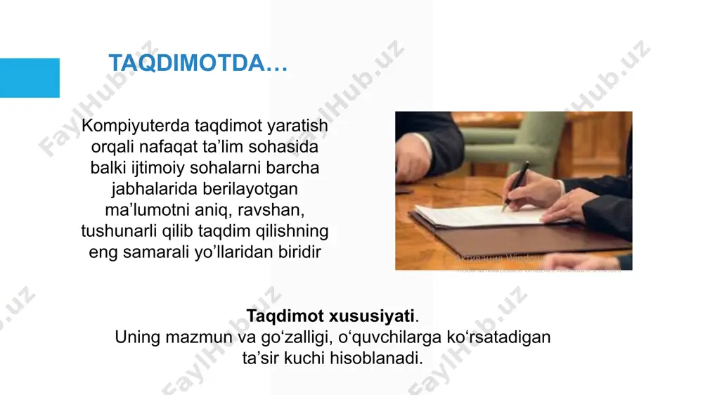 adiiy asarga qiziqish va unga bo‘lgan munosabatini zaruriy ehtiyojga aylatirishga erishish, fikr yuritish qobiliyatini rivoj toptirishdan iborat. o‘qituvchi har bir darsning maqsadi va mazmunigagina emas, balki uning o‘quvchilarda jo‘shqin, yoqimli xushkayfiyat uyg‘otadigan bo‘lishiga ham alohida ahamiyat beradi. tana tili va imo-ishoralar: suhbatdosh bilan masofa saqlash; tinglovchi oldida turish, tanani biroz oldinga egish; tomoshabinlar bilan ko'z bilan aloqa o'rnatish; qo'llaringiz bilan silkitmaslik va nutq paytida sokinlik; qo'lingizni erkin ushlash, taqdimot muvaffaqiyati mahorat, joziba, o'ziga ishonch, samimiylik, ochiqlik, xolislik, nutq natijalari. taqdimotdagi ranglar rangli dizayn keng qo'shimcha imkoniyatlar beradi. ranglar, masalan, grafikalar, grafikalar, diagrammalarda farqlovchi xususiyat sifatida ishlatiladi. "milliy ranglar" deb atalmish foydalanish; sariq rang yozuvlar va chiziqlar uchun juda mos emas. agar bu rang hali ham zarur bo'lsa, shriftlarning hajmi va chiziqlarning qalinligi odatdagidan ko'ra ikki barobar oshirilishi kerak. taqdimotdagi matnlar slaydda joylashtirilgan matnlar juda uzoq bo'lmasligi kerak. bir slaydni ko'rsatish odatda 15 — 20 soniya davom etadi, shuning uchun matnda …
