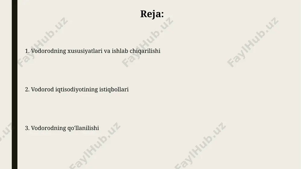 . bu jarayon 40-60% samaradorlikka ega bo'lib, faqat suv va issiqlik chiqindilarini hosil qiladi, bu esa ekologik toza energiya manbai hisoblanadi. vodorod texnologiyalari rivojlanishi yashil vodorod ishlab chiqarish tannarxi 2030-yilga kelib 1 kg uchun 2 dollardan kam bo'lishi kutilmoqda. hozirda narx 4-6 dollar atrofida bo'lib, bu tejamkorlik qayta tiklanuvchi energiya manbalari arzonlashuvi bilan bog'liq. o'zbekistonda 2024-yilga kelib, 5 dan ortiq vodorod ishlab chiqarish loyihalari amalga oshirilmoqda. elektroliz va tabiiy gazni qayta ishlash orqali 100 ming tonnagacha vodorod ishlab chiqarish ko'zda tutilgan. xavfsizlik masalalari va standartlar xavfsizlik masalalari va standartlar yonilg'i xujayralari uchun vodorodni saqlash uchun yuqori bosimli (350-700 bar) idishlar ishlatiladi. cga g-5.5 standarti siqilgan vodorod bilan ishlash xavfsizligini ta'minlash bo'yicha ko'rsatmalarni beradi. vodorodning asosiy xususiyatlari vodorod rangsiz, hidsiz va ta'msizdir. standart bosim va haroratda vodorodning zichligi 0.08988 g/l ni tashkil etadi, bu havodan taxminan 14.3 marta yengilroq. vodorod engil gaz, atom raqami 1. uning molekulyar formulasi h2, va normal …