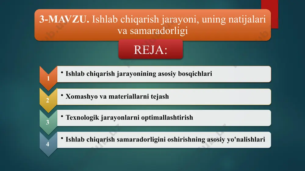 rish kerak. sifatni yaxshilash sifat nazoratini kuchaytirish va xatoliklarni bartaraf etish orqali mahsulot sifati va mijozlar qoniqishi oshiriladi. 5 xomashyo va materiallarni tejash 1 xomashyo sarfini kamaytirish ishlab chiqarish texnologiyalarini optimallashtirish va xomashyo sarfini kamaytiruvchi innovatsion echimlarni joriy etish. 2 qayta ishlash va qayta tiklash qoldiq materiallarni qayta ishlash va qayta tiklash orqali xomashyo sarfini kamaytirish va atrof-muhitni himoya qilish. 3 qayta ishlangan materiallar qayta ishlangan materiallarni ishlatish xomashyo sarfini kamaytiradi va atrof-muhitni himoya qilishga hissa qo'shadi. 4 xomashyo tanlovini optimallashtirish tejamkor va samarali xomashyo tanlash va xomashyo sifatini nazorat qilish xarajatlarni kamaytiradi. 6 mehnat unumdorligini oshirish ishchilarni o'qitish ishchilarni zamonaviy texnologiyalar, xavfsizlik qoidalari va samarali ish usullarini o'qitish. ish tashkilotini yaxshilash ish joyini ergonomik jihatdan optimallashtirish, ish vaqtini samarali tashkil etish va xodimlarni rag'batlantirish tizimini joriy etish. texnologiyalarni modernizatsiya qilish zamonaviy texnologiyalarni joriy qilish, avtomatlashtirish va robotizatsiya ish unumdorligini oshiradi va xatoliklarni kamaytiradi. 7 texnologik jarayonlarni optimallashtirish jarayonlarni tahlil …
