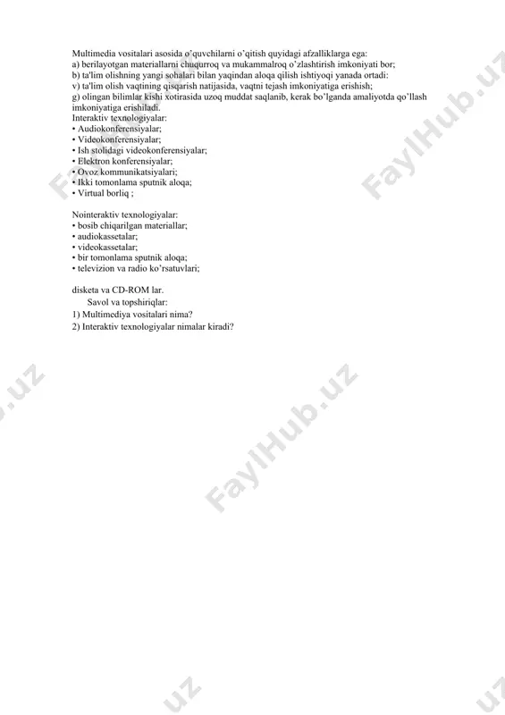 ssislar bu atamani turlicha tahlil qilishmoqda. bizning fikrimizcha, multimedia - bu informatikaning dasturiy va texnikaviy vositalari asosida audio, video, matn, grafika va animatsiya (ob’yektlarining fazodagi harakati) effektlari asosida o’quv materiallarini o’quvchilarga yetkazib berishning mujassamlangan holdagi ko’rinishidir. rivojlangan mamlakatlarda o’qitishning bu usuli, hozirgi kunda ta’lim sohasi yo’nalishlari bo’yicha tatbiq qilinmoqda. hatto, har bir oila multimedia vositalarisiz hordiq chiqarmaydigan bo’lib qoldi. multimedia vositalarining 1981 yildagi yalpi oboroti 4 mlrd. aqsh dollarini tashkil qilgan bo’lsa, 2014 yili esa 160 mlrd. aqsh dollarini tashkil qildi. hozirgi kunda esa sotilayotgan har bir kompyuterni multimedia vositalarisiz tasavvur qilib bo’lmaydi. kompyuterlarning 70-yillarda ta’lim sohasida keng qo’llash yo’lida urinishlar zoye ketganligi, avvalombor, ular unumdorligining nihoyatda pastligi bilan bog’liq edi. multimedia vositalari asosida bilim olishda 30% gacha vaqtni tejash mumkin bo’lib, olingan bilimlar esa xotirada uzoq muddat saqlanib qoladi. agar o’quvchilar berilayotgan materiallarni ko’rish (video) asosida qabul qilsa, axborotni xotirada saqlab qolinishi 25-30% oshadi. bunga qo’shimcha sifatida o’quv materiallari …