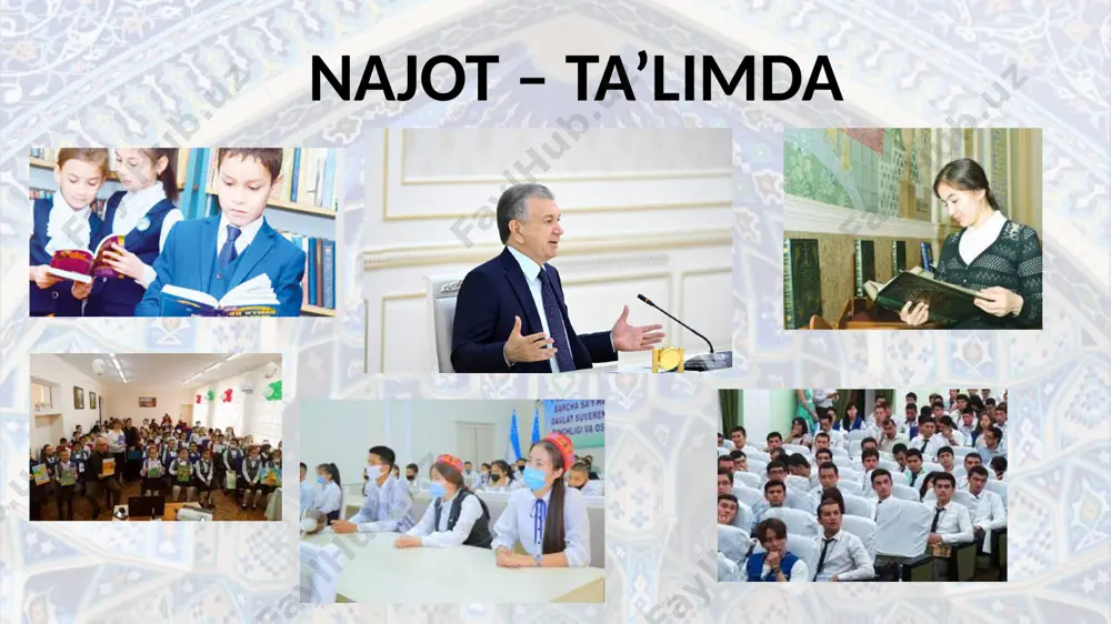 nunchilik palatasi huzurida yoshlar parlamenti tashkil etildi. oliy majlis qonunchilik palatasida esa yoshlar masalalari bo‘yicha komissiya faoliyati yo‘lga qo‘yildi. yoshlar siyosati bo’yicha islohotlar yoshlarning davlat mukofotlari bilan taqdirlanishi 61 nafar yosh esa «kelajak bunyodkori» medali 142 nafar yigit «mard o‘g‘lon» davlat mukofoti 592 nafari «o‘zbekiston belgisi» ko‘krak nishoni 795 nafari davlat mukofotiga sazovor bo‘ldi. aholi bandligi va real daromadlarini izchil oshirish borasidagi ishlar 14 ta «ishga marhamat» monomarkazlari 30 ta kasb-hunarga o‘qitish markazlari 11 ta qisqa muddatli kasb-hunarga o‘qitish kurslari 136 ta mahalla aholisini kasb-hunarga o‘qitish maskanlari 2020-yil 23-sentabrda o‘zbekiston respublikasining “ta’lim to‘g‘risida”gi qonuni qabul qilindi ta’lim ustuvorligining tan olinishi; ta’lim olish shaklini tanlash erkinligi; ta’lim sohasida kamsitishlarga yo‘l qo‘yilmasligi; ta’lim olishga doir teng imkoniyatlarning ta’minlanishi; ta’lim va tarbiyaga milliy hamda umuminsoniy qadriyatlarning singdirilganligi; ta’lim va tarbiyaning insonparvarlik, demokratik xususiyati; ta’limning uzluksizligi va izchilligi; o‘n bir yillik ta’limning hamda olti yoshdan yetti yoshgacha bo‘lgan bolalarni bir yil davomida umumiy o‘rta …