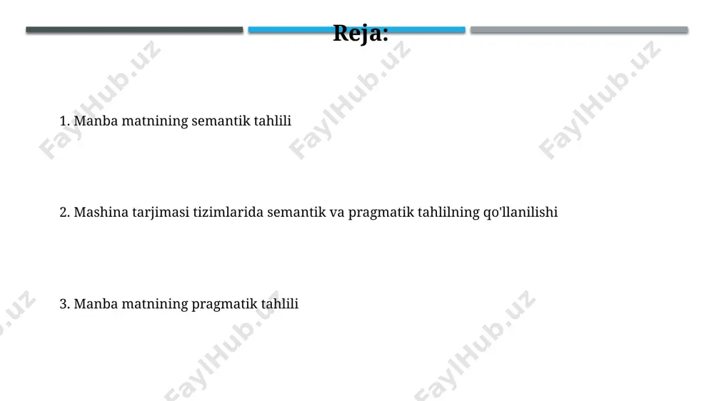 ishlab chiqilgan 2 ta yangi algoritm, noaniqlikni kamaytirish va aniqlikni oshirish uchun qo'llaniladi. o'zbek tilidagi manba matnlarining semantik tahlili, 5000 dan ortiq so'z birikmalarini o'z ichiga olgan katta hajmdagi korpuslardan foydalanib, ma'lumotlarni qazib olish texnologiyalari bilan amalga oshiriladi. manba matnning pragmatik tahlili manba matnning pragmatik tahlili, 30 dan ortiq turli xil ma'lumotlar bazasini, jumladan, toshkentdagi o'zbekiston milliy universiteti kutubxonasidagi manbalarni o'z ichiga oladi. manba matnning pragmatik tahlili natijalari, ingliz va o'zbek tillarida tarjima sifati bo'yicha 15% ga yaxshilanishni ko'rsatdi, bu esa 1000 ta jumlalik test to'plamida tasdiqlangan. ko'p ma'nolilikni yechish ko'p ma'noli so'zlar muammosini hal qilishda, so'zning ma'nosiga qo'shni so'zlar (2-3 ta) va butun gap konteksti (sintaksis) ta'sir qiladi. masalan, "olma" so'zi samarqanddagi matnda mevani, dasturlash tilida esa ma'lumot tuzilmasini bildirishi mumkin. ko'p ma'noli so'zlarni aniqlash uchun, statistik usullar va mashina o'rgatish algoritmlaridan foydalaniladi. masalan, google translate 100 dan ortiq tilni qo'llab-quvvatlaydi va bu jarayonda ko'p ma'noli so'zlarni samarali tarjima …
