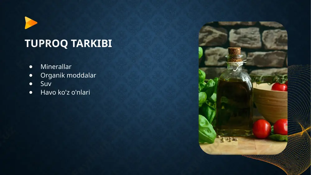 y va boshqa elementlarning suvda eruvchi tuzlari), gazlar (o2, so2, n, nh3) va organik moddalar mavjud. tuproq eritmasida tuzlarning koʻp boʻlishi uning osmotik bosimini oshirib, oʻsimlikning tuprokdan nam va oziq moddalarni shimishini qiyinlashtiradi va fiziologik chanqoklikka sabab boʻladi. tuproq eritmasining reaksiyasi uning eng muhim xususiyatidir. foydalanilgan adabiyotlar ro’yxati: 1. ramazonov o., buriyev s.s. “tuproqshunoslik va dеhqonchilik” t.: barkamol fayz media, 2018. 2. robert edwin white. principles and practice of soil science: the soil as a natural resource. usa, malden, 2006. 3. рамазонов о., юсупбеков о. “тупроқшунослик ва деҳқончилик” т.: шарқ, 2003. 4. ramazonov o., yusupbеkov o. “tuproqshunoslik va dеhqonchilik” t.: sharq, 2005. 5. рамазанов а. “почвоведение и земледелие” учебник. - т.: barkamol fayz media, 2018. 6. ш.холиқулов, узоқов п., бобохўжаев и. “тупроқшунослик” дарслик. - т.: «n.doba», 2011. vaqtingiz va e'tiboringiz 🙂 uchun rahmat image2.png image3.png image4.png image5.jpg image6.jpeg image7.jpeg image8.jpeg image9.png image10.png