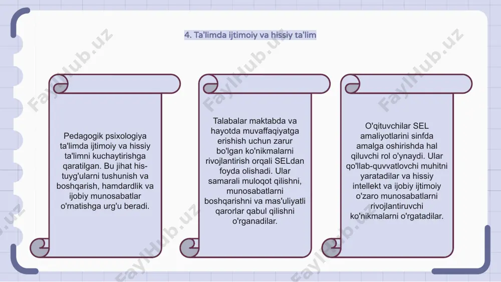 'quv muhitini yaratadi va shu bilan o'quvchilarning faolligi va tushunishini oshiradi. samarali usullardan biri bosqichli topshiriqlar bo'lib, ular o'quvchilarga tayyorgarlik darajasiga qarab turli xil murakkablikdagi vazifalarni bajarishga imkon beradi. bu yondashuv talabalarning muvaffaqiyatiga yordam beradi va muvaffaqiyat tuyg'usini rag'batlantiradi, chunki talabalar tegishli darajada qiyinchilik tug'diradi. yana bir usul - moslashuvchan guruhlashdan foydalanish bo'lib, bu erda talabalar o'zlarining ta'lim ehtiyojlari va kuchli tomonlariga qarab guruhlarga bo'linadi. ushbu yondashuv hamkorlikni, tengdoshlarni o'rganishni va shaxsiy yordamni qo'llab-quvvatlaydi, bu esa yanada inklyuziv va samarali o'rganish tajribasiga olib keladi. 11. ta’lim uslublarini baholash pedagogik psixologiyada o‘qitish uslublarini baholash samarali o‘qitish uchun hal qiluvchi ahamiyatga ega. talabalar qanday qilib eng yaxshi o'rganishlarini tushunish o'qituvchilarga o'qitish usullarini turli xil ta'lim afzalliklariga moslashtirishga yordam beradi. ta'lim uslublarini aniqlash orqali o'qituvchilar yanada inklyuziv va qiziqarli ta'lim muhitini yaratishi mumkin. ushbu yondashuv talabalarga ma'lumotni yaxshiroq tushunish va saqlashga yordam beradi, bu esa o'quv samaradorligini oshirishga va umumiy qoniqishga olib keladi. …