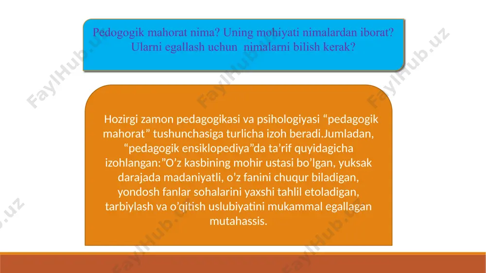 hatdan bevosita “qobilyat” ma’nosini ifodalaydi. mazmunan esa “faoliyatda nazariy bilimlardan samarali foydalanish, yuqori darajadagi kasbiy malaka, mahorat va iqtidorni namoyon eta olish”ni yoritishga hizmat qiladi. “komponentlik” tushunchasi ta’lim sohasiga psihologik izlanishlar natijasida kirib kelgan. shu sababli komponentlik шу сабабли компетентлик “noan’anaviy vaziyatlar, kutilmagan hollarda mutahassisning o’zini qanday tutishi, muloqtga kirishishi, raqiblar bilan o’zaro munasabatlarda yangi yo’l tutishi, noaniq vazifalarni bajarishda, ziddiyatlarga to’la ma’lumotlardan foydalanishda, izchil rivojlanib boruvchi va murakkab jarayonlarda harakatlanish rejasiga egalik’’ni anglatadi. kasbiy komponentlik- mutahassis tomonidan kasbiy faoliyatni amalga oshirish uchun zarur bo’lgan bilim, ko’nikma va malakalarning egallanishi va ularni amalda yuqori darajada qo’llay olinishi. kabiy kompnentlik mutahassis tomonidan alohida bilim, malakalarning egallanishi emas, balki har bir mustaqil yo’nalish bo’yicha integrative hrakatlar va bilimlarning o’zlashtirilishini nazarda tutadi. shuningdek kompetensiya mutahasislik bilimlarini doimo boyitib borishni, yangi axborotlar o’rganishni, muhim ijtimoiy talablarni anglay olishni yangi ma’lumotlani izlab toppish, ularni qayta ishlash va o’z faoliyatida qo’llay bilishni taqazo etadi. sifatlar maxsus …