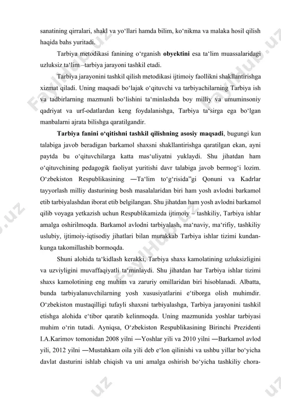 lar tizimi kundan-kunga takomillashib bormoqda. shuni alohida ta‘kidlash kerakki, tarbiya shaxs kamolatining uzluksizligini va uzviyligini muvaffaqiyatli ta‘minlaydi. shu jihatdan har tarbiya ishlar tizimi shaxs kamolotining eng muhim va zaruriy omillaridan biri hisoblanadi. albatta, bunda tarbiyalanuvchilarning yosh xususiyatlarini e‘tiborga olish muhimdir. o‘zbekiston mustaqilligi tufayli shaxsni tarbiyalashga, tarbiya jarayonini tashkil etishga alohida e‘tibor qaratib kelinmoqda. uning mazmunida yoshlar tarbiyasi muhim o‘rin tutadi. ayniqsa, o‘zbekiston respublikasining birinchi prezidenti i.a.karimov tomonidan 2008 yilni ―yoshlar yili va 2010 yilni ―barkamol avlod yili, 2012 yilni ―mustahkam oila yili deb e‘lon qilinishi va ushbu yillar bo‘yicha davlat dasturini ishlab chiqish va uni amalga oshirish bo‘yicha tashkiliy chora-tadbirlar to‘g‘risidagi farmoyishning qabul qilinishi yoshlarni har tomonlama yetuk, jismonan va ma‘nan sog‘lom, barkamol avlodni tarbiyalashni maqsad qilib belgilab berdi. shuni alohida ta‘kidlash kerakki, tarbiya barkamol avlodning uzluksiz rivojlanishini ta‘minlaydi. tarbiyaviy jamiyatning sog‘lom hayot, sog‘lom turmush tarzi, sog‘lom e‘tiqod, barkamollik kabilarning asosiga aylanadi. barkamol avlodni tarbiyalash mazmunida milliy qadriyatlarga sadoqat, jamiyatdagi …
