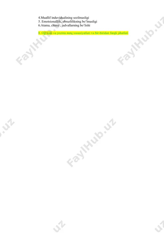 bibliografida odatda alifbo tartibida bo’ladi.5)referatga kiritilgan barcha qo’shimchalar –grafik chizma va rasmlar qora pastada chizilishi shart. 6) til va terninologiya. terminologiyani o’rganishning sohangiz uchun ahamiyatli jihatlarini yoriting.ahamiyatli jihati shundaki, og’zaki nutqning ravon bo’lishi notqlik, o’z mutaxassisligi bo’yicha yetarli va tartibli ma’lumot bera olish. 7)ilmiy uslub va uning xususiyatlari. ilmiy uslub fan texnika va ishlab chiqarish bilan bog’liq vazifaviy usubdir. 2 ga bo’linadi ilmiy uslub 1) sof ilmiy uslub 2) ommabop ilmiy uslub. uning xususiyatlari : 1.axborotlarining obyetktivligi, aniqligi 2. nutqning ma’lumotlarga boyligi. 3. fikrning lo’nda, qisqa ifodalanishi. 4.muallif induvidualining sezilmasligi 5. emotsionalllik, obrazlilikning bo’lmasligi 6.atama, chimz , jadvallarning bo’lishi 8. og’zaki va yozma nutq xususiyatlari va bir-biridan farqli jihatlari 11.adabiy nutq usublari haqida qanday ma’lumotga egasiz. adabiy nutq yozuvchiar shoirlar, olimlaar tomonidan ishlangan qat’iy me’yorlarga ega bo’lgan. 12.tilxat yozilsih uslubi. men farpi yengil sanoat va to’qimachilik fakulteti 1-kurs 84-21 guruh talabasi ibrohimova aziza murod qizi farg’ona politexnika instituida o’qidi. ra’noda …