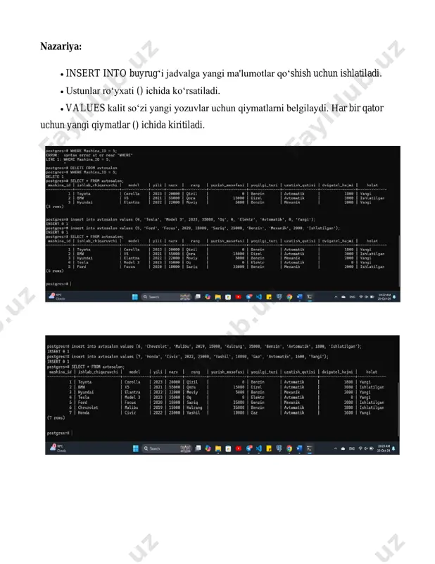 toridan foydalanilganda, chap jadvalning har bir satri o'ng jadvalning har bir qatori bilan birlashtiriladi. natijada ikkala jadvaldagi barcha mumkin bo'lgan qatorlar kombinatsiyasi mavjud jadval. sql cross join operatori quyidagi sintaksisga ega: select atribut_nomi [,... n] from jadval_1 cross join jadval_2 1.standart funksiyalardan foydalanib so‘rovlar yarating (concat(), length(), lower(), substring(), lpad, rpad); 1. concat() - ustun qiymatlarini birlashtirish. mashinaning ishlab chiqaruvchisi va modelini bitta ustunda birlashtirish: 2. length() - matn uzunligini o‘lchash. davlat nomining uzunligini aniqlash: 3. lower() - matnni kichik harfga o‘tkazish. mashina ranglarini kichik harflarda ko‘rsatish: 4. substring() - matndan qism olish. mashinaning ishlab chiqaruvchisidan birinchi uchta harfni olish: 5. lpad() - matnni chapdan to‘ldirish. narxni 10 ta belgi qilib chapdan 0 lar bilan to‘ldirish: 6. rpad() - matnni o‘ngdan to‘ldirish. davlat nomlarini 15 ta belgi qilib, o‘ngdan bo‘sh joy bilan to‘ldirish: 3.sql agregat funksiyalaridan foydalanib so’rov yozing (avg(), count(), min(), max() va sum). 1. avg() - o‘rtacha qiymatni …